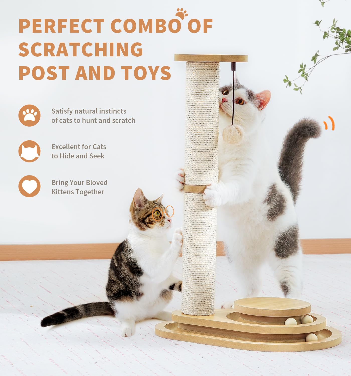 Made4Pets scratch post shows 3-tier track for multi-level batting and chasing
