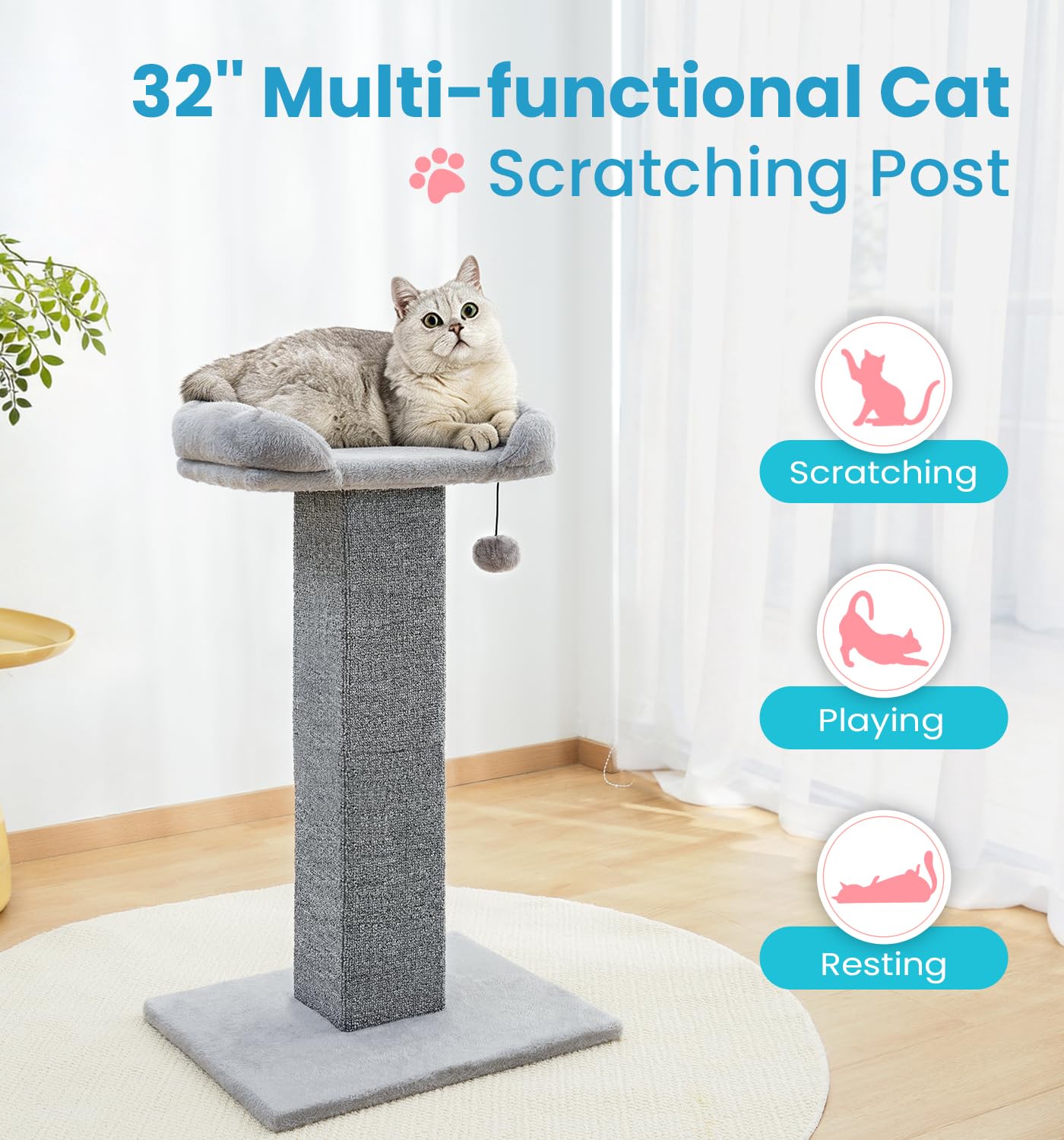 Made4Pets cat scratching post bed perch, ideal for lounging after play.