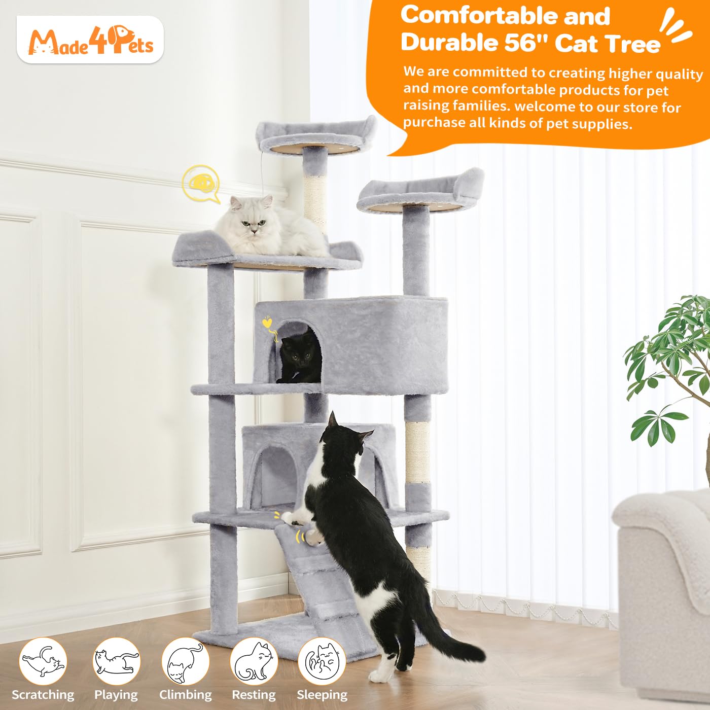 Made4Pets cat tree plush platforms provide soft resting surfaces.