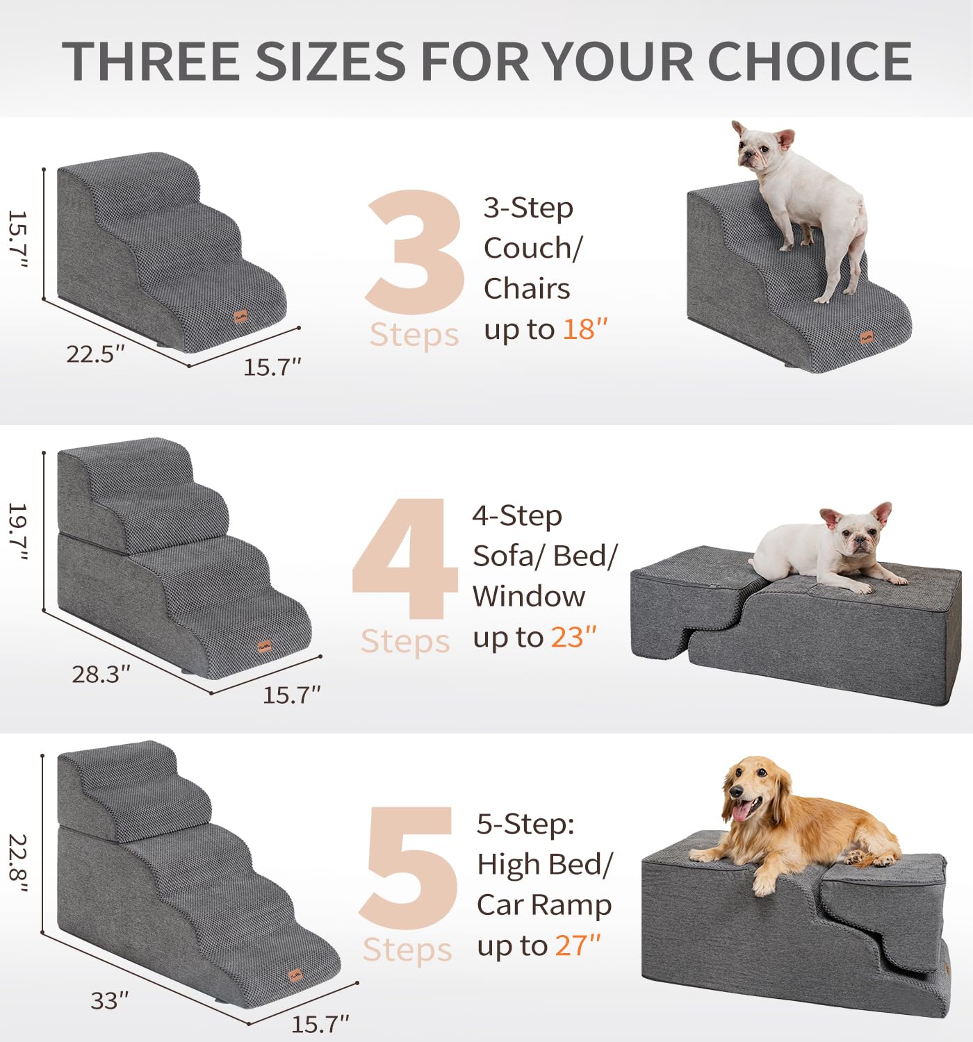 Made4Pets 3-step dog stairs on bed show easy access to elevated furniture.