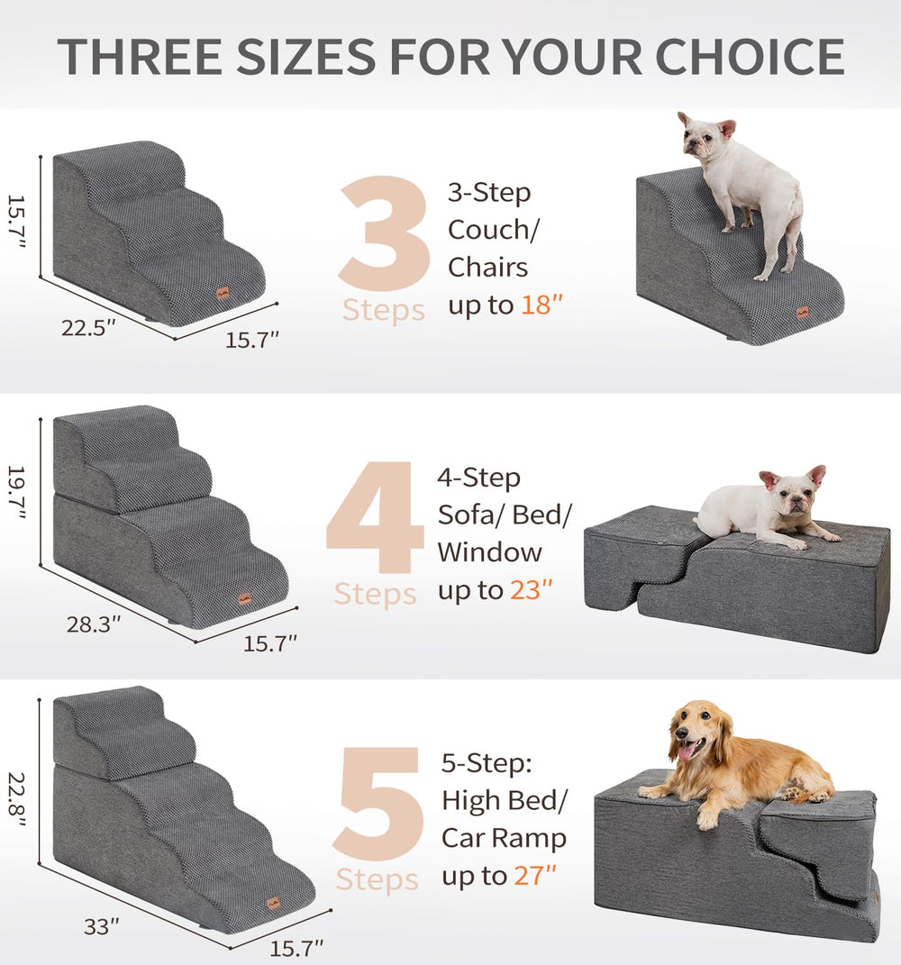 Made4Pets 3-step dog stairs on bed show easy access to elevated furniture.