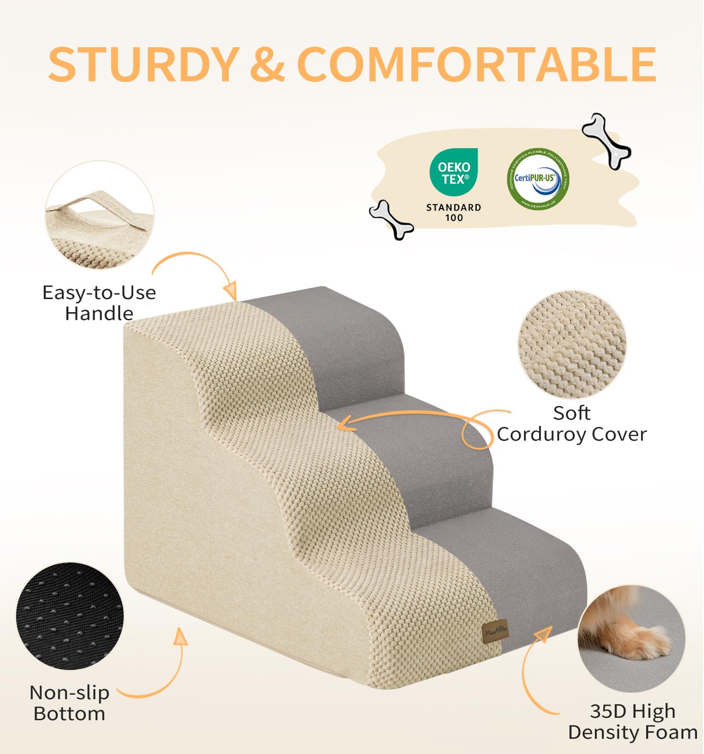 Made4Pets dog stairs bed setup closeup shows soft ramp
