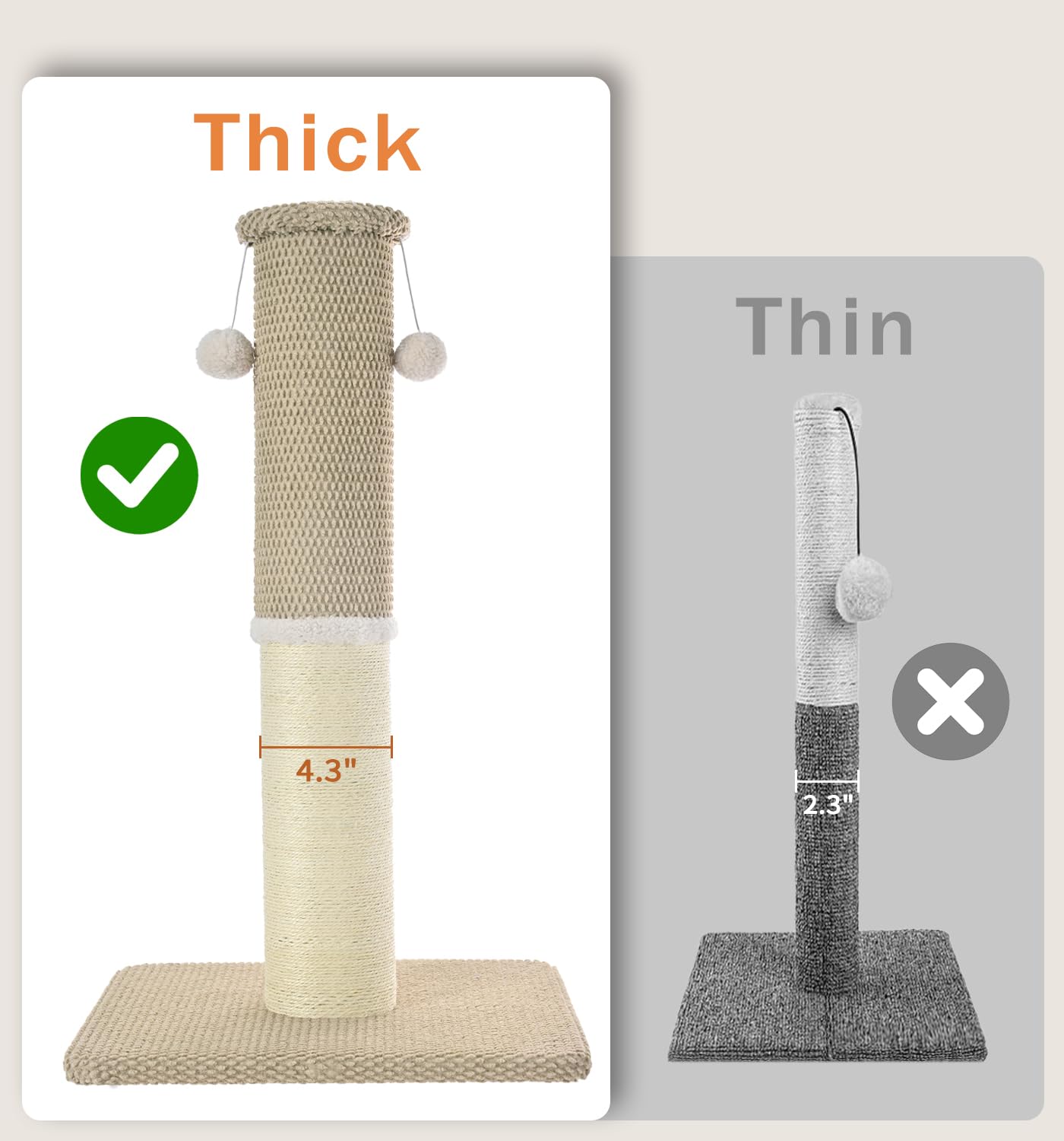 Made4Pets sisal-wrapped surface on scratching post for durable claws.