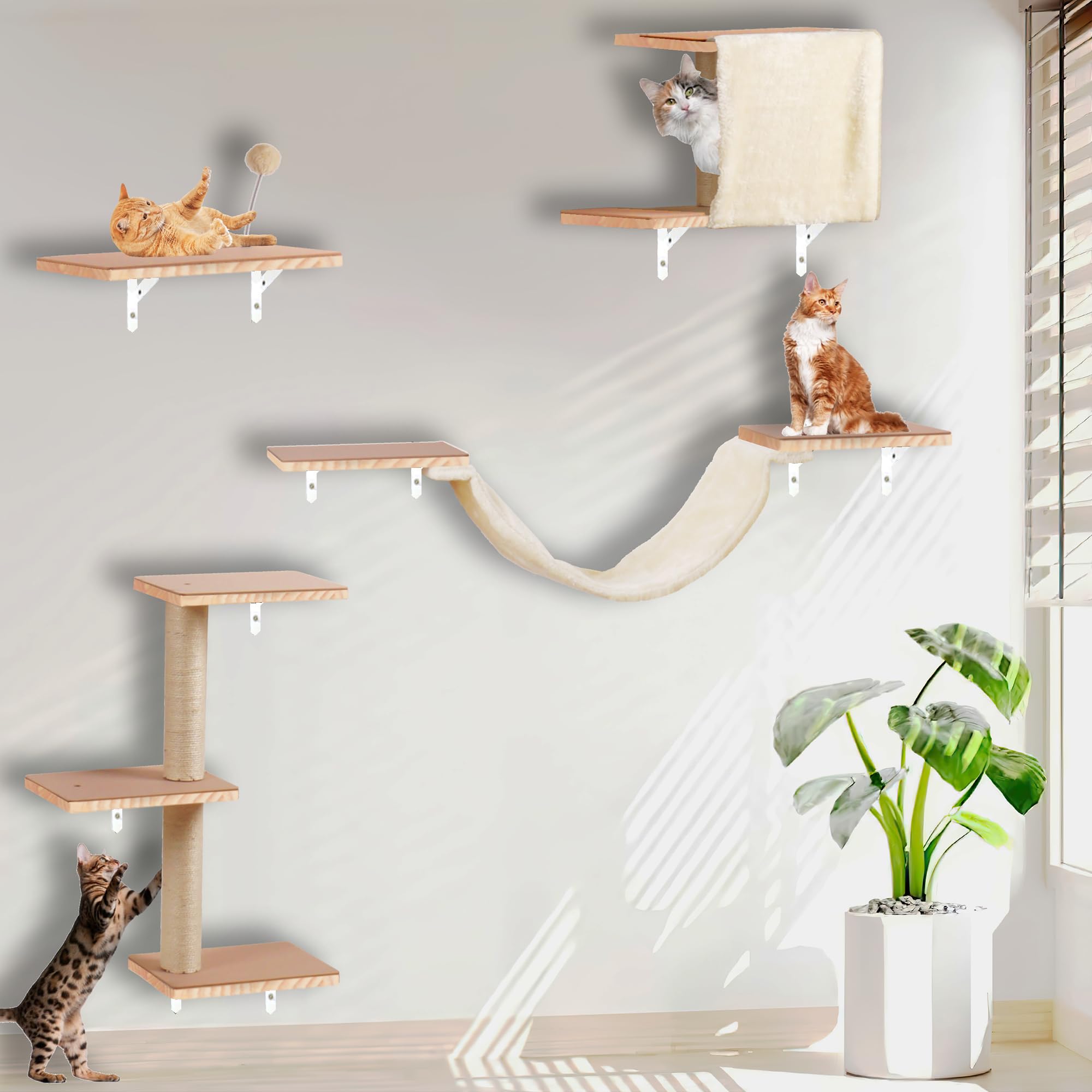 MADNIU cat wall shelves with scratching post for space-saving feline play and exercise