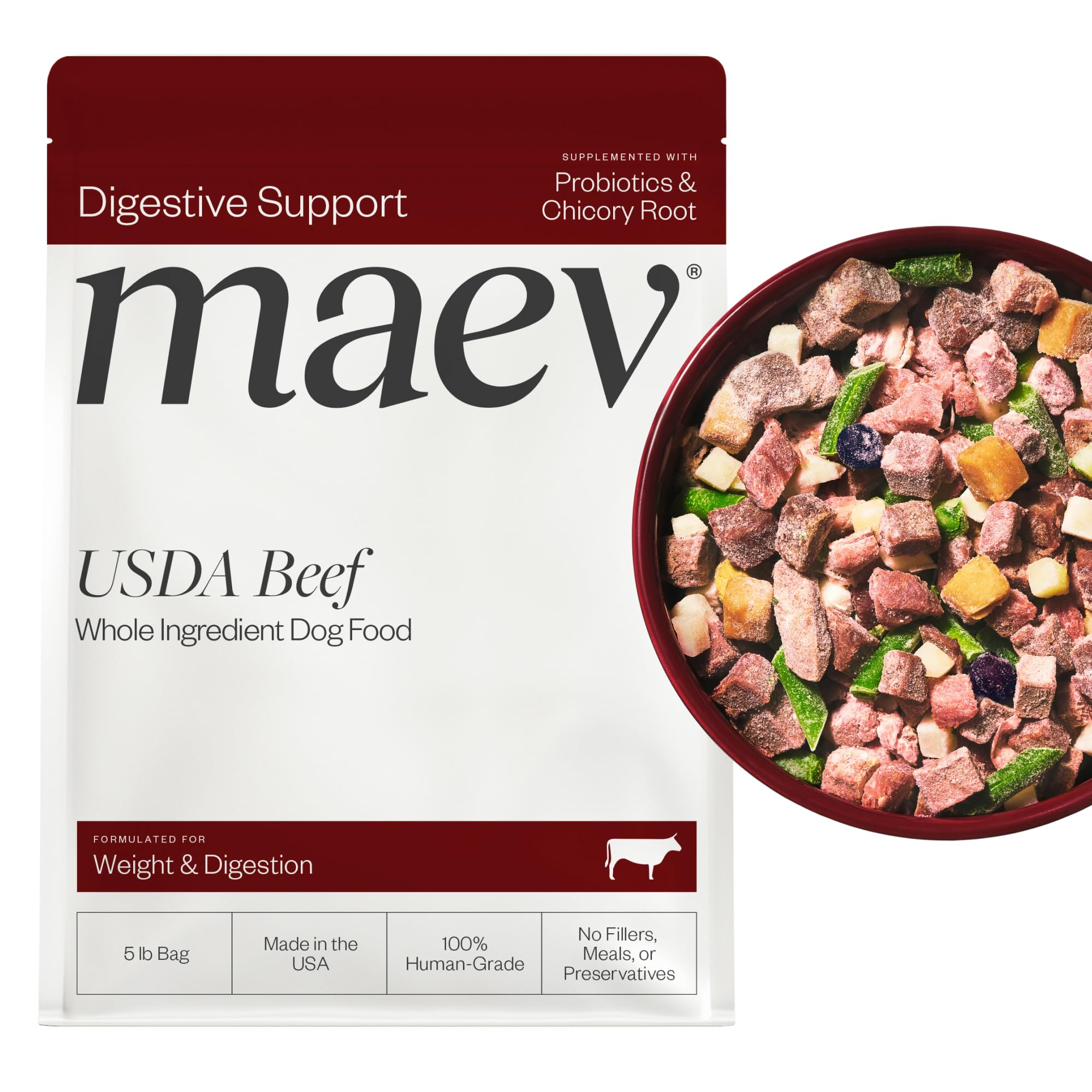 Maev beef dog food bag front highlights real ingredients and clean labeling.