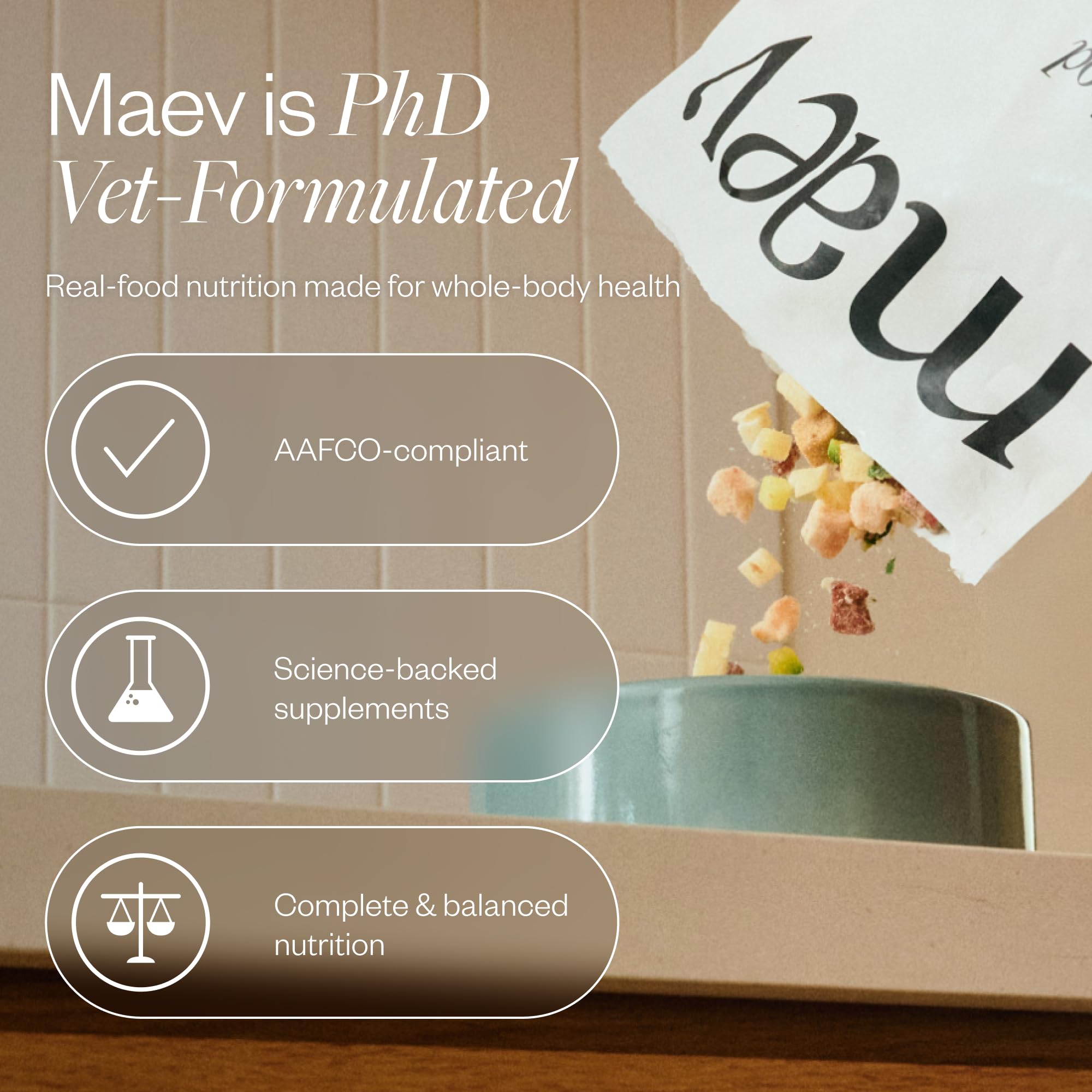 Maev beef dog food bowl serving demonstrates ready to serve.