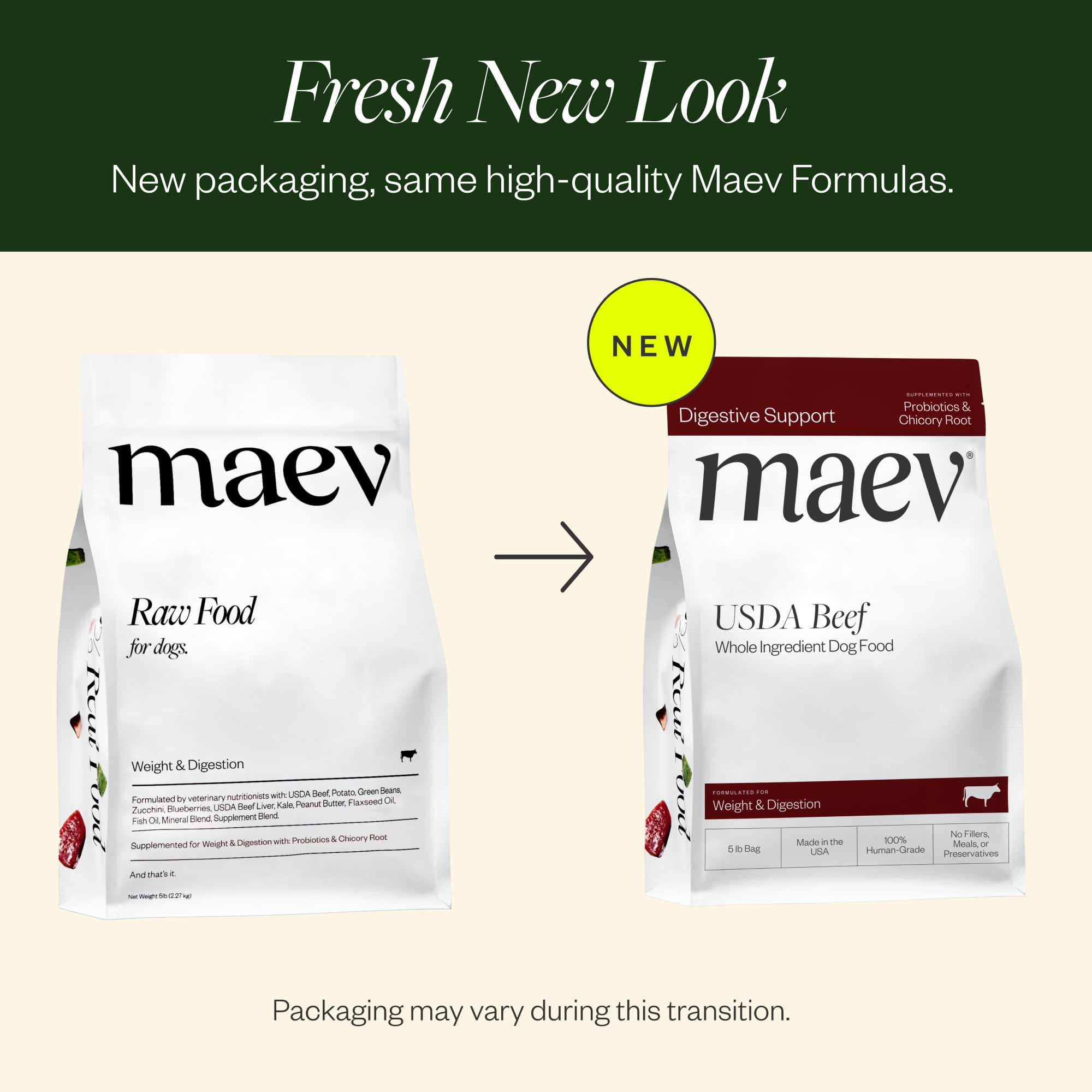 Maev beef dog food ingredients closeup shows whole ingredients and quality.