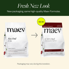 Maev beef dog food ingredients closeup shows whole ingredients and quality.