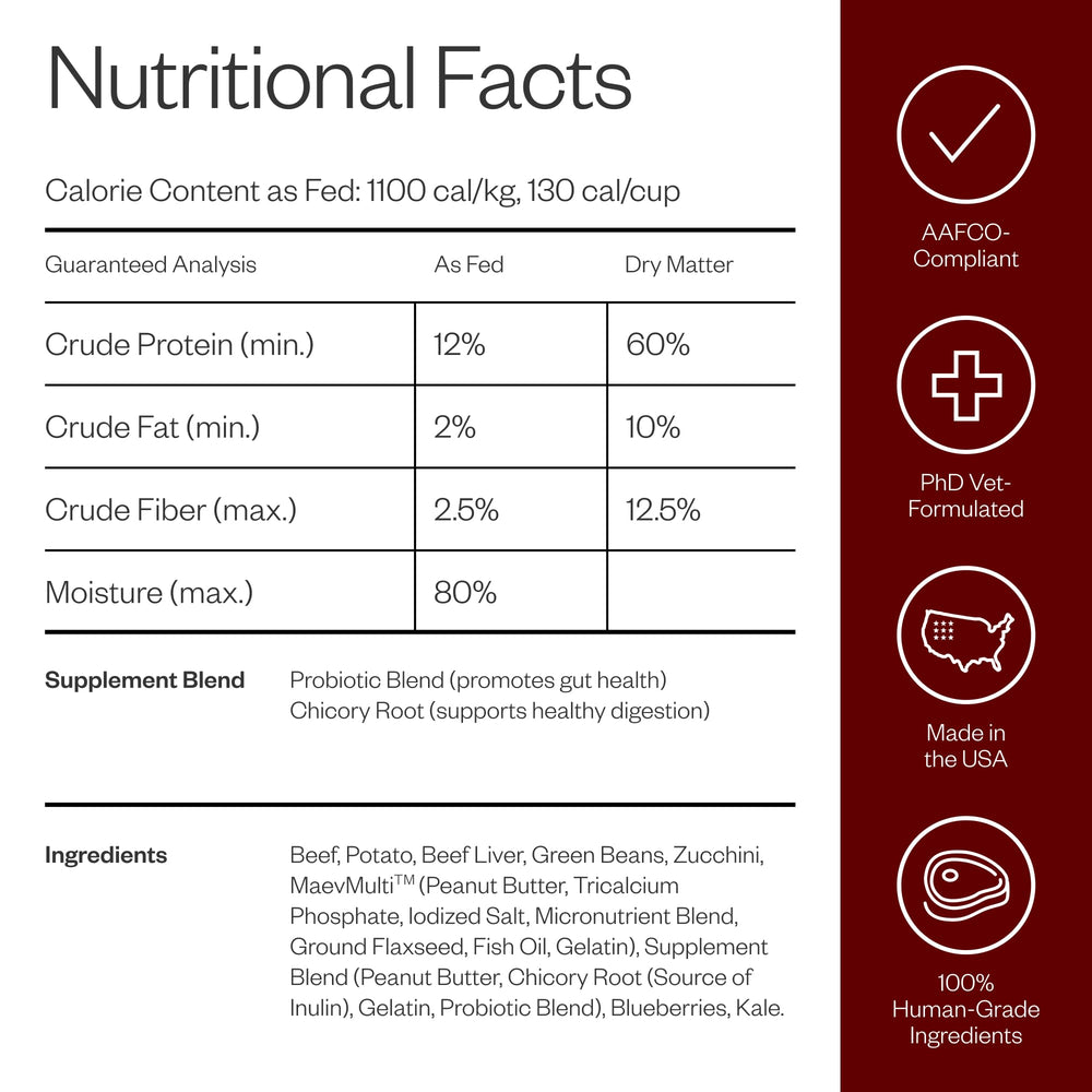 Maev beef dog food packaging detail highlights quality sourcing.