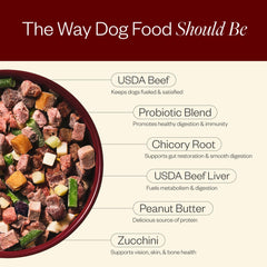 Maev beef dog food whole ingredients closeup shows beef veggies and fruit.