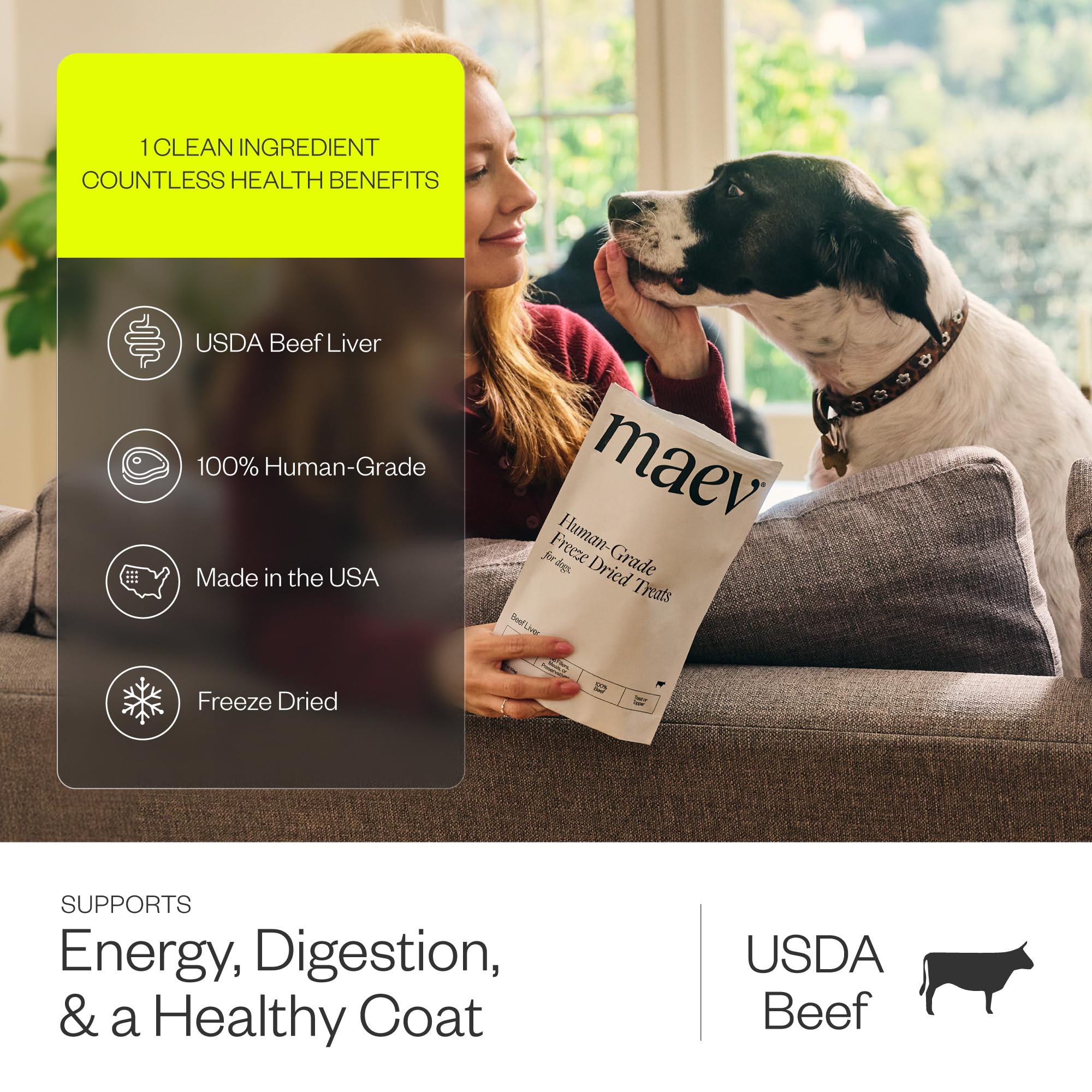 Maev beef liver treats in packaging, highlighting USA-made quality.