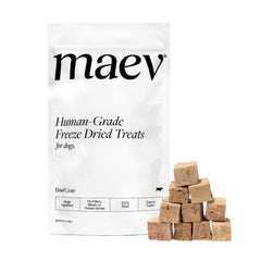 Maev freeze-dried beef liver treats shown as bite-sized rewards for training.