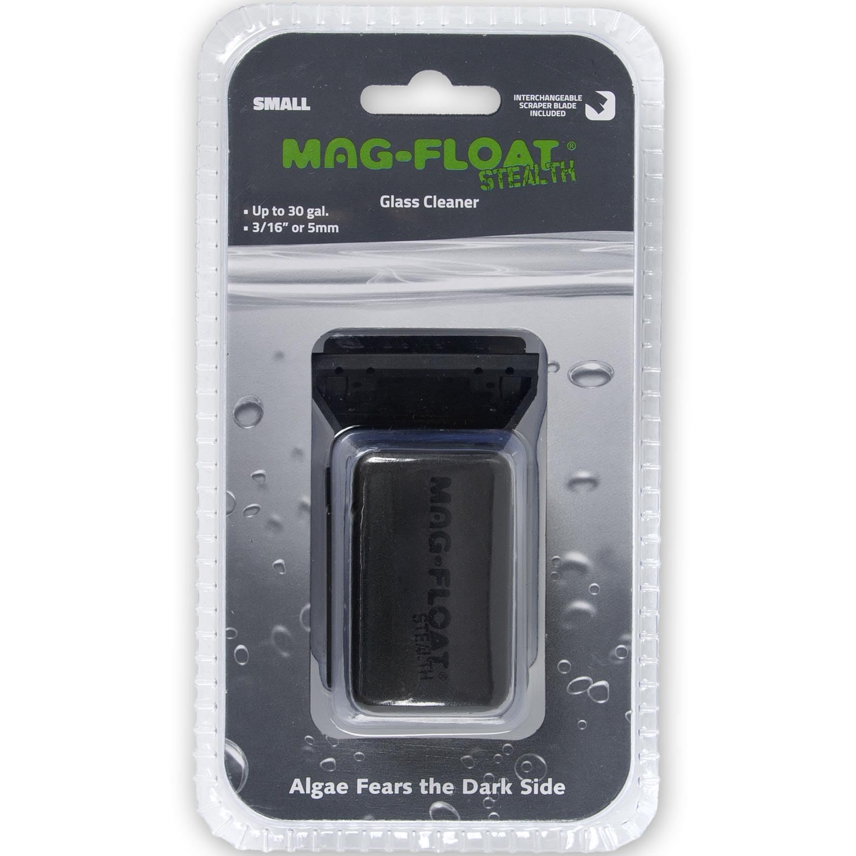 Mag-Float blade-equipped magnet cleans stubborn buildup on glass surfaces.