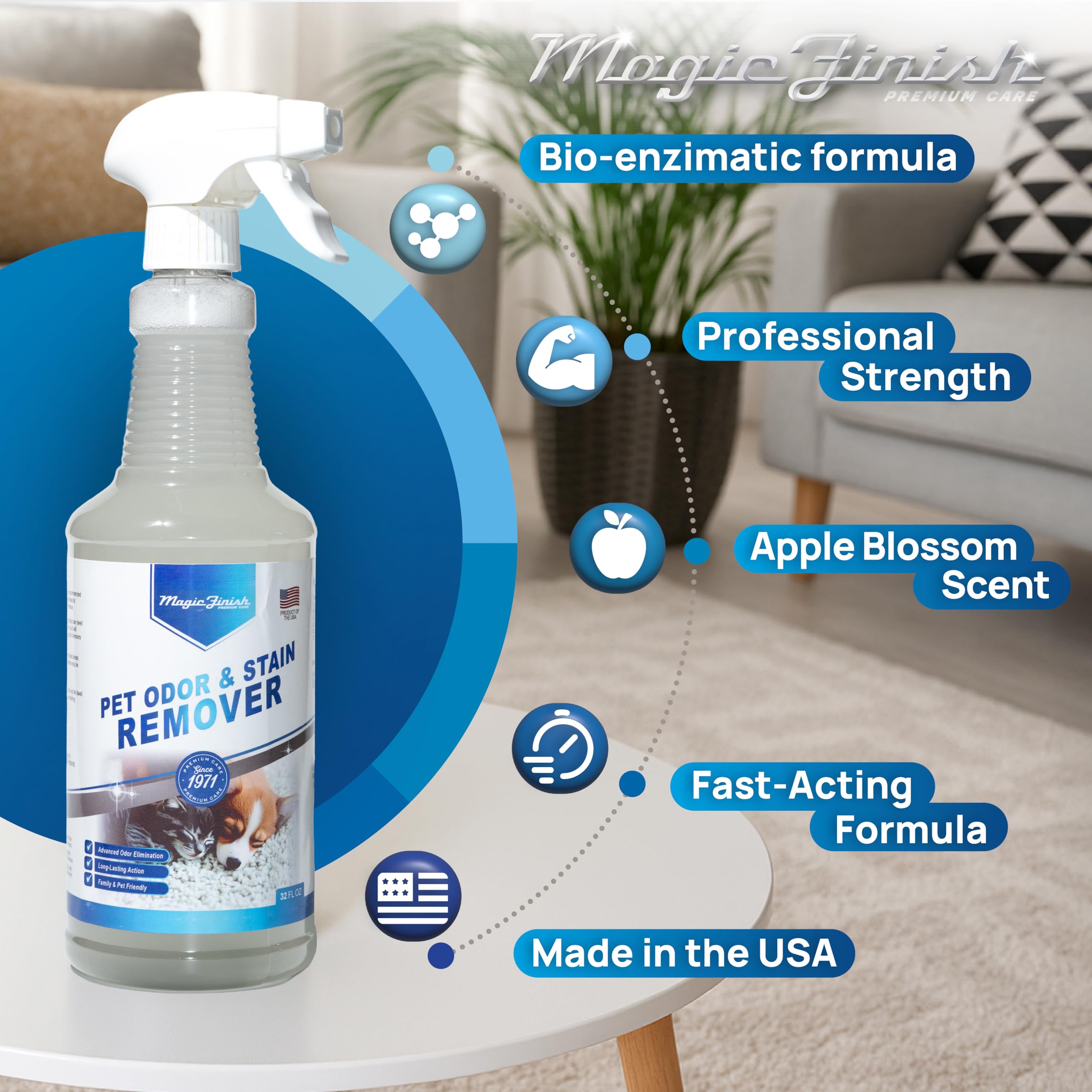 Magic Finish carpet odor removal targets pet messes on rugs.
