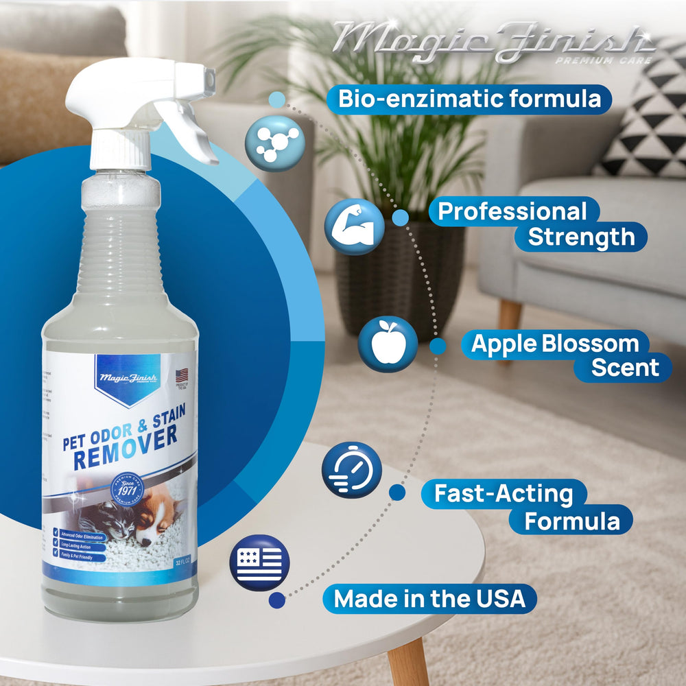 Magic Finish carpet odor removal targets pet messes on rugs.