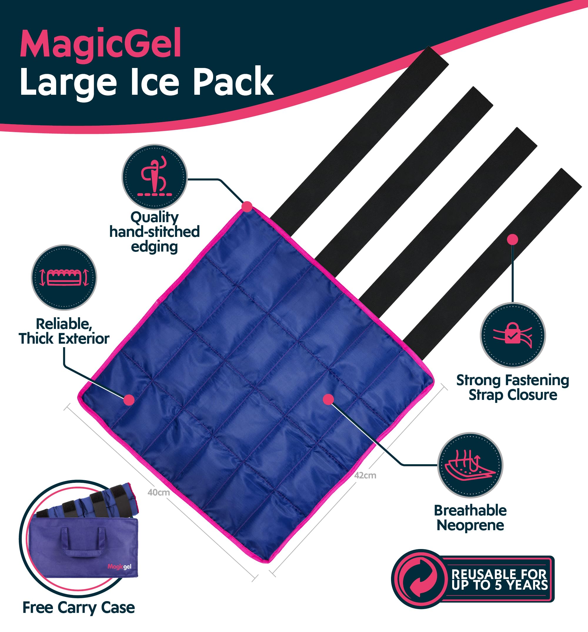 Magic Gel leg wrap with secure strap: stable compression for targeted cooling.