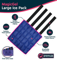 Magic Gel leg wrap with secure strap: stable compression for targeted cooling.