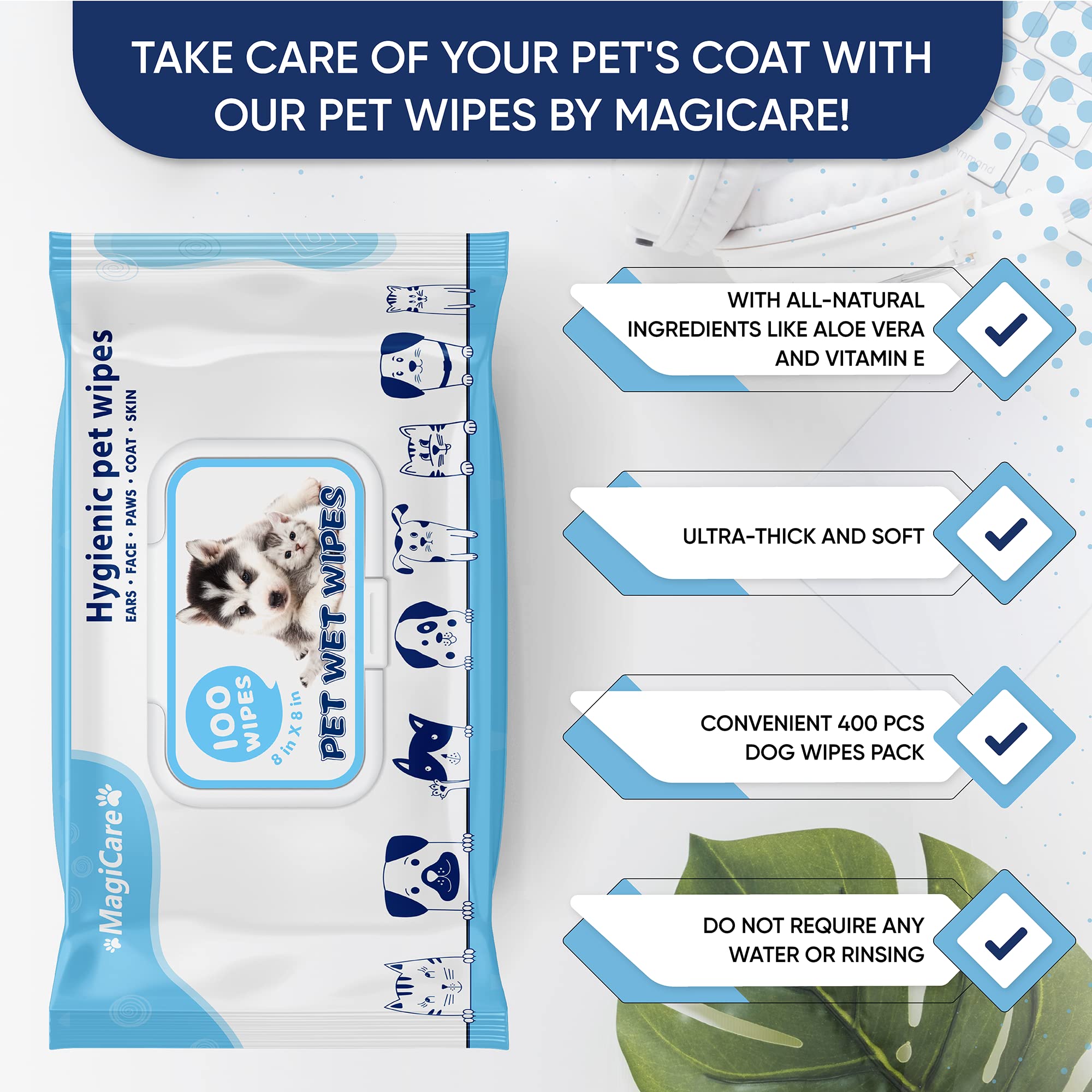 MAGICARE pet wipes on dog paw, quick dirt removal after outdoor play.