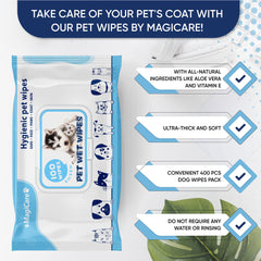 MAGICARE pet wipes on dog paw, quick dirt removal after outdoor play.