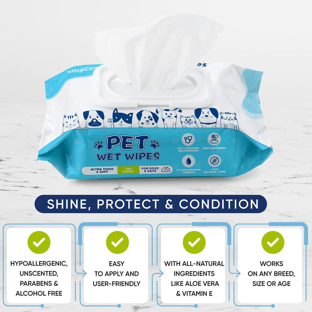 MAGICARE pet wipes near ears for safe, soothing cleaning.