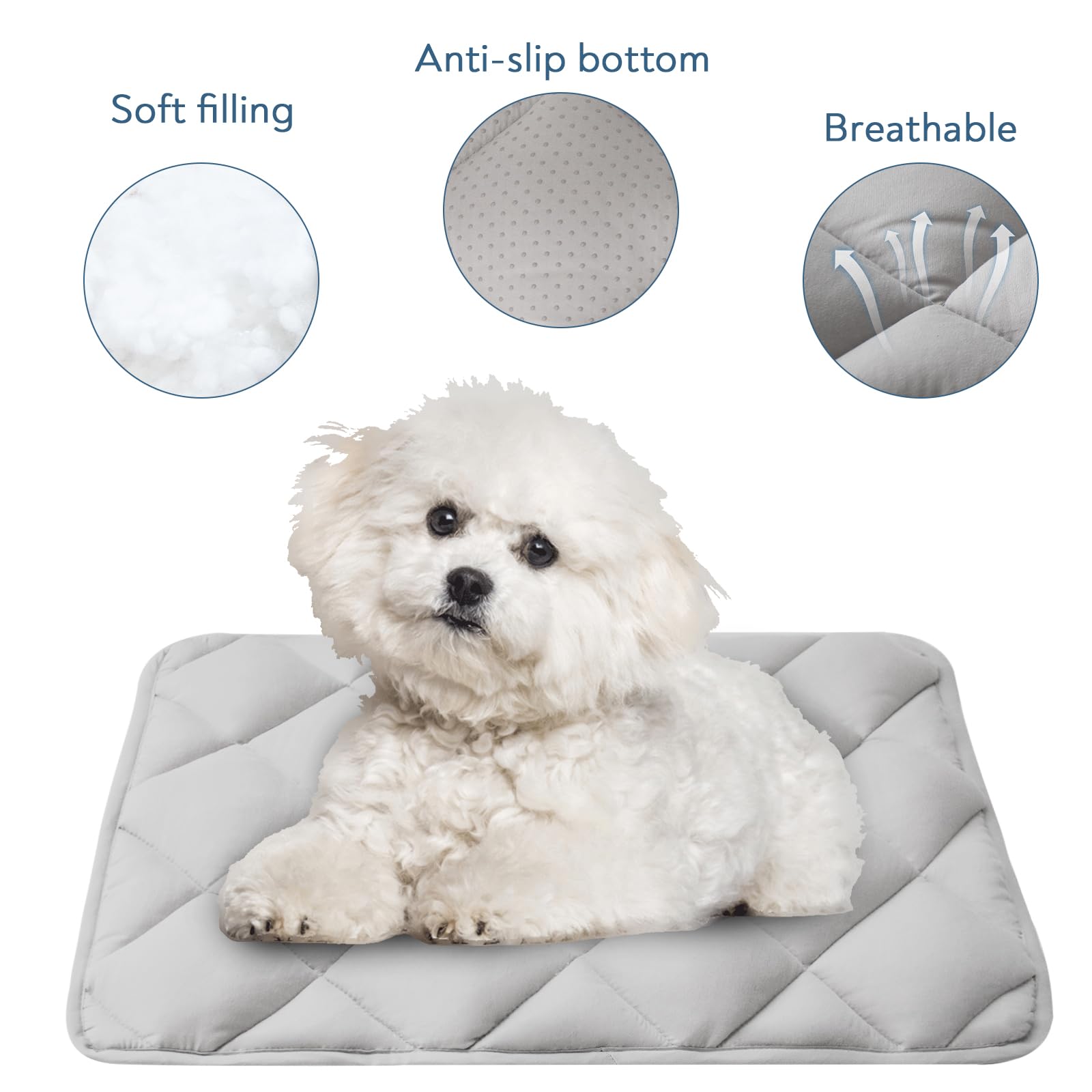 Magik and Kover crate pad with non-slip bottom for secure placement on wood floors.