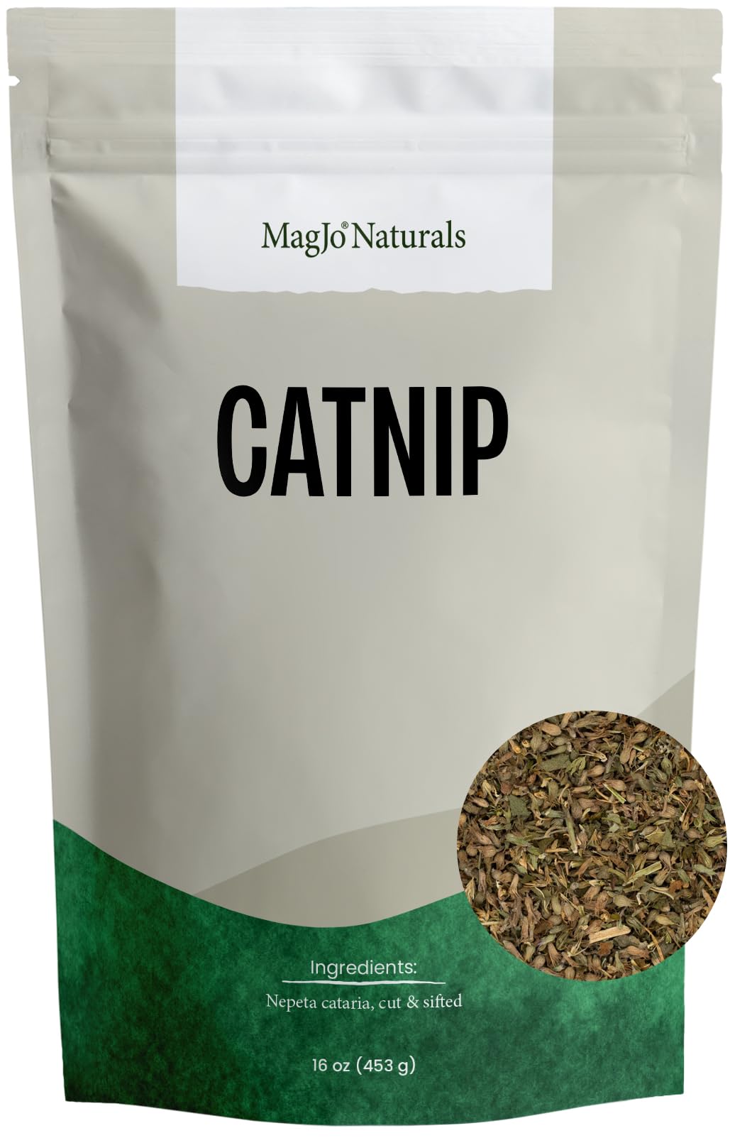 MagJo Naturals catnip 1lb bulk bag keeps freshness and aroma.