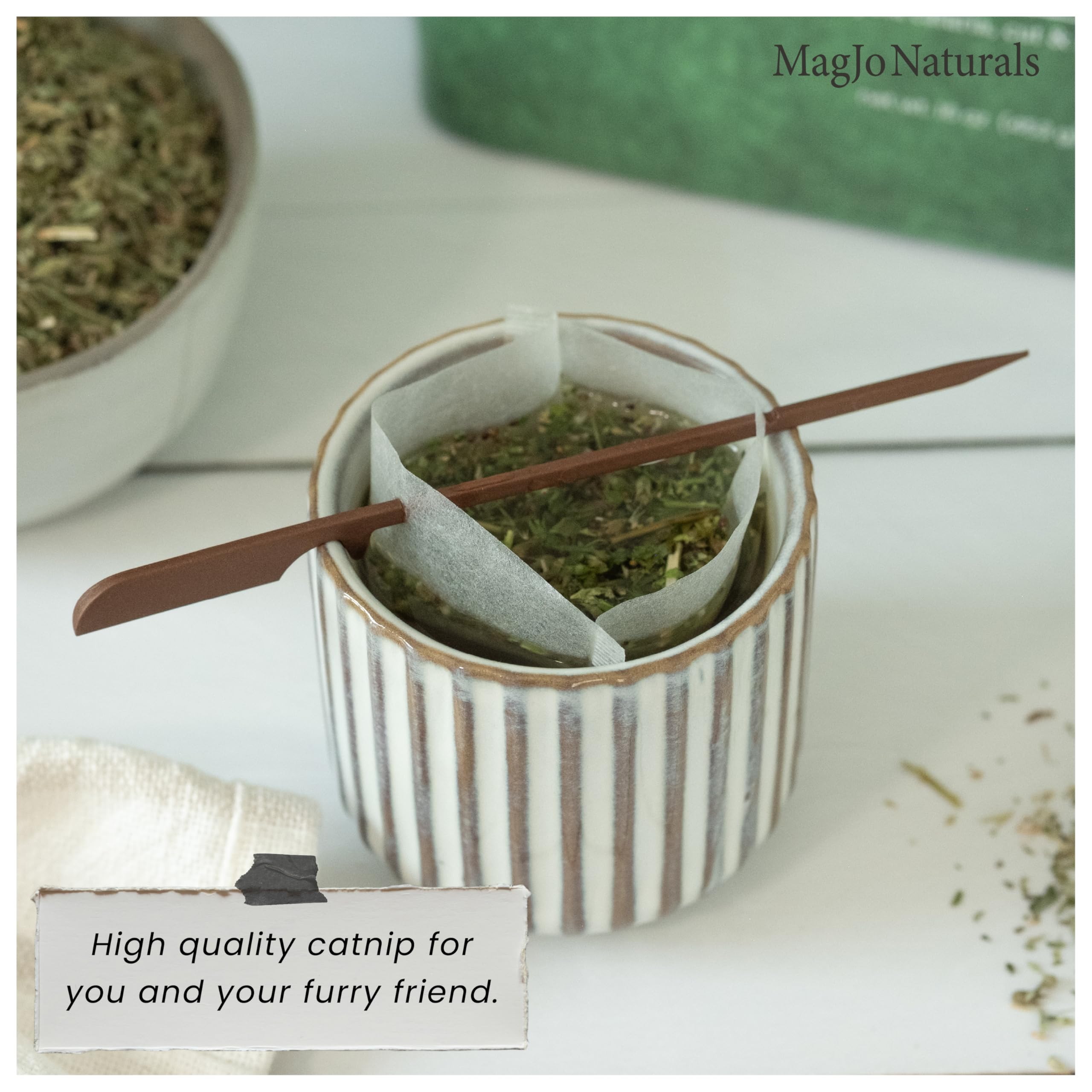 Dried MagJo Naturals catnip leaves ready for treats or tea applications.