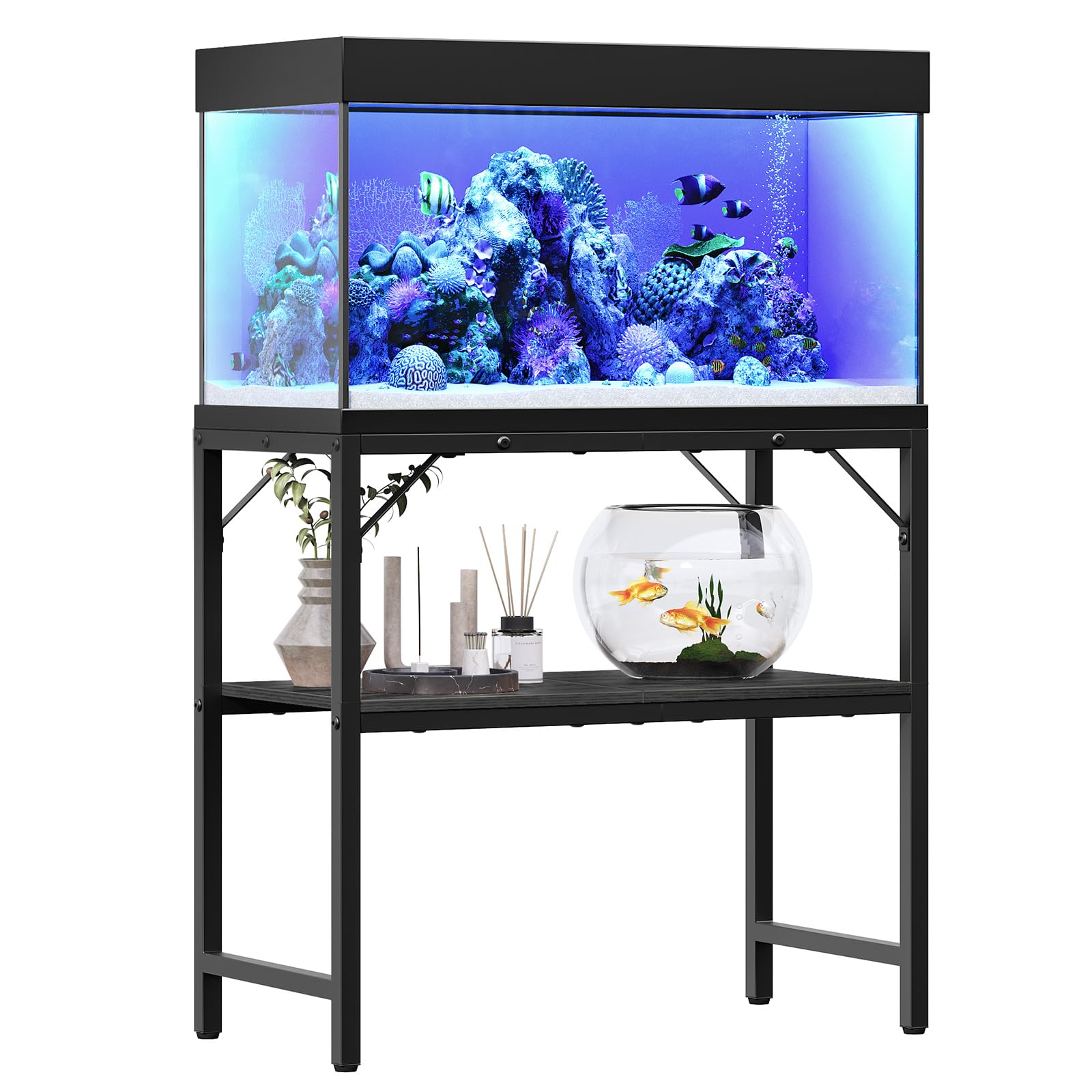 MAHANCRIS 30-gallon stand in-use setup with aquarium and storage items.