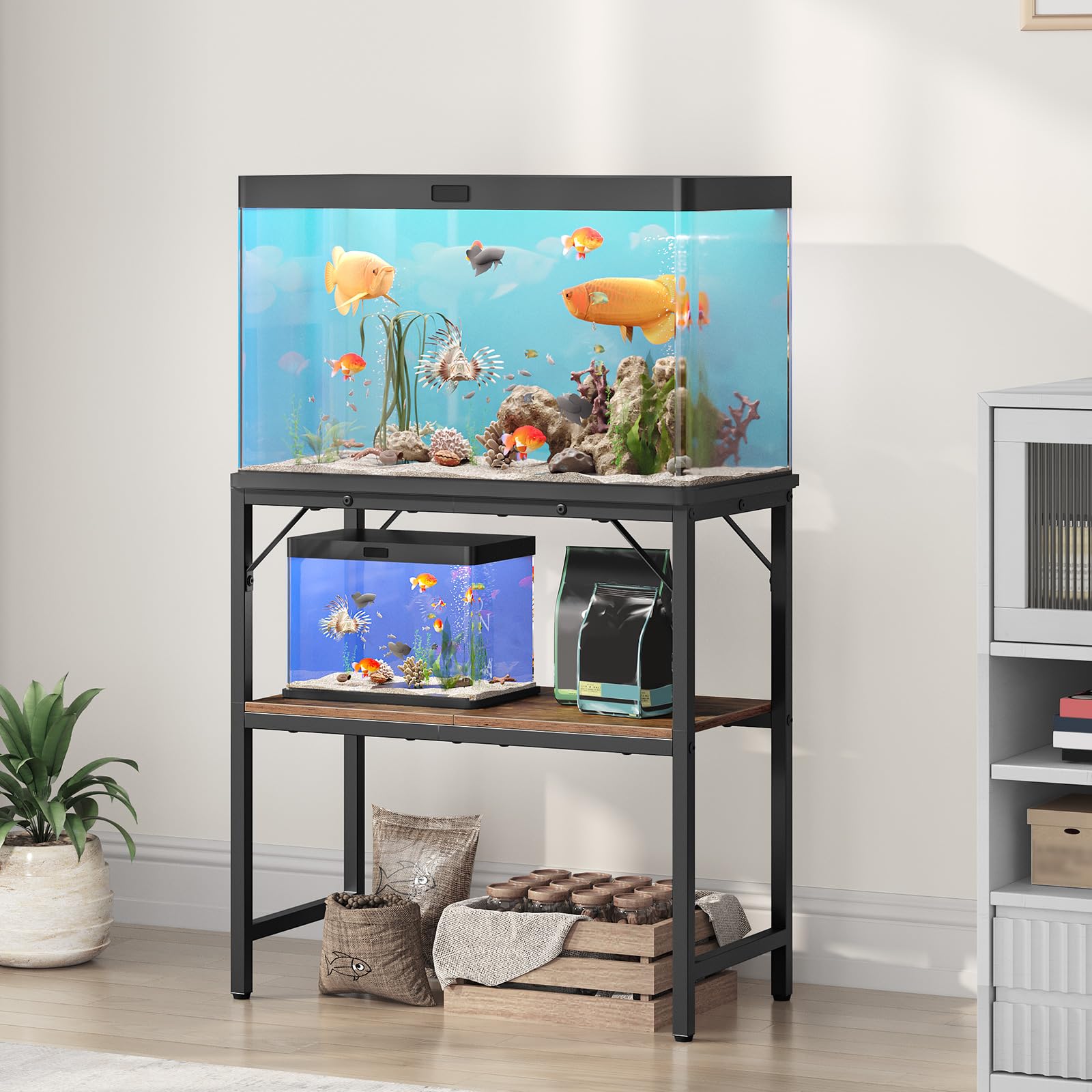 MAHANCRIS stand with two-tier shelves organized for aquarium accessories.