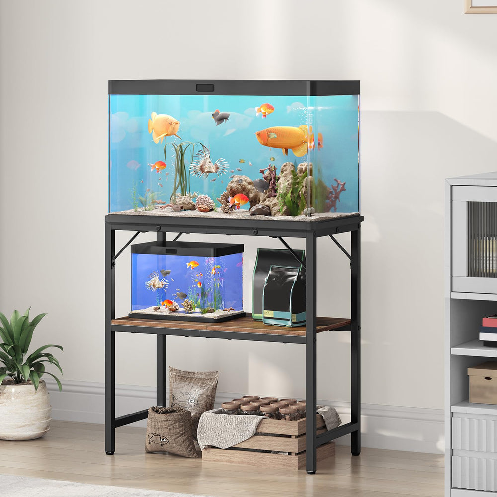 MAHANCRIS stand with two-tier shelves organized for aquarium accessories.