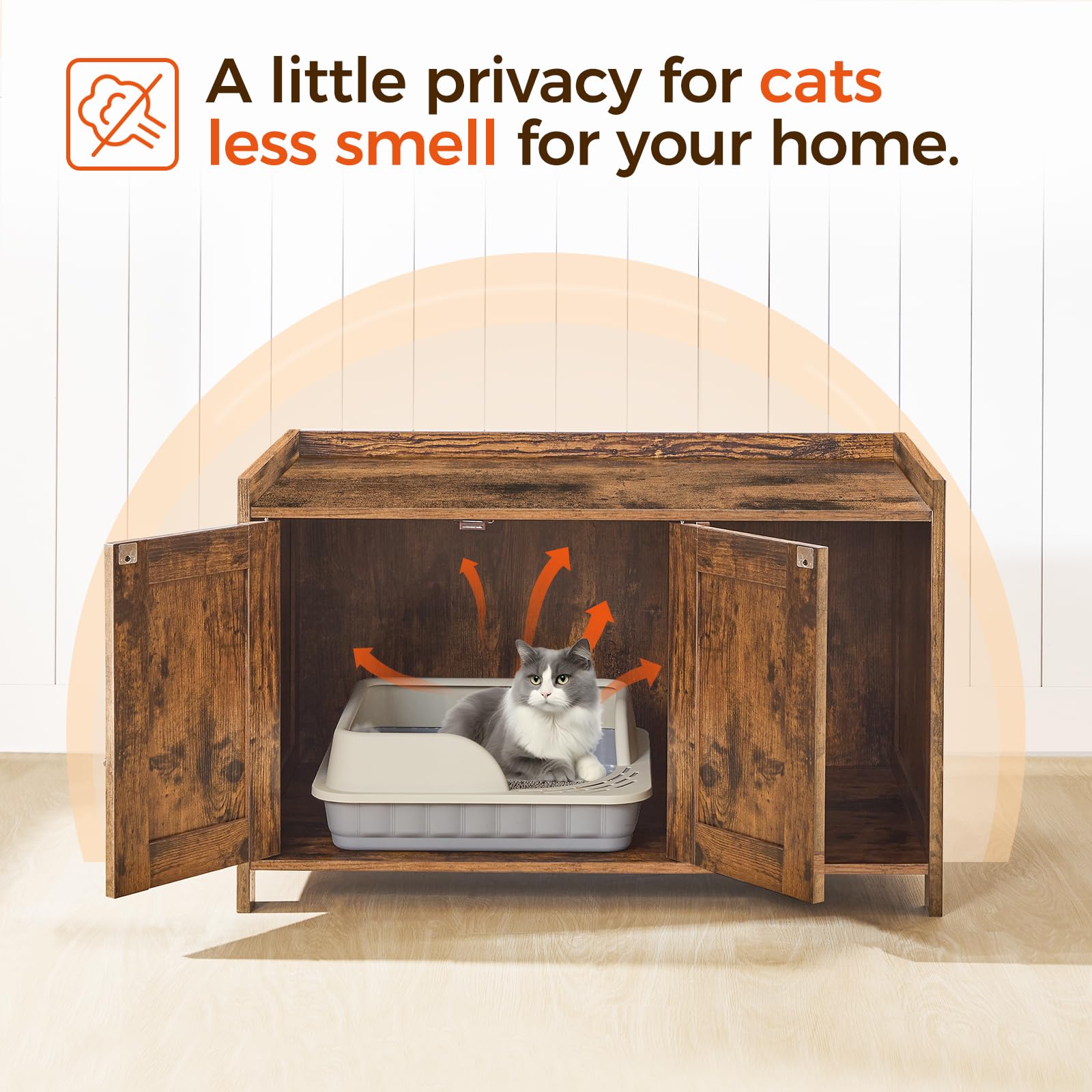 MAHANCRIS cat litter box enclosure double doors enable easy cleaning.