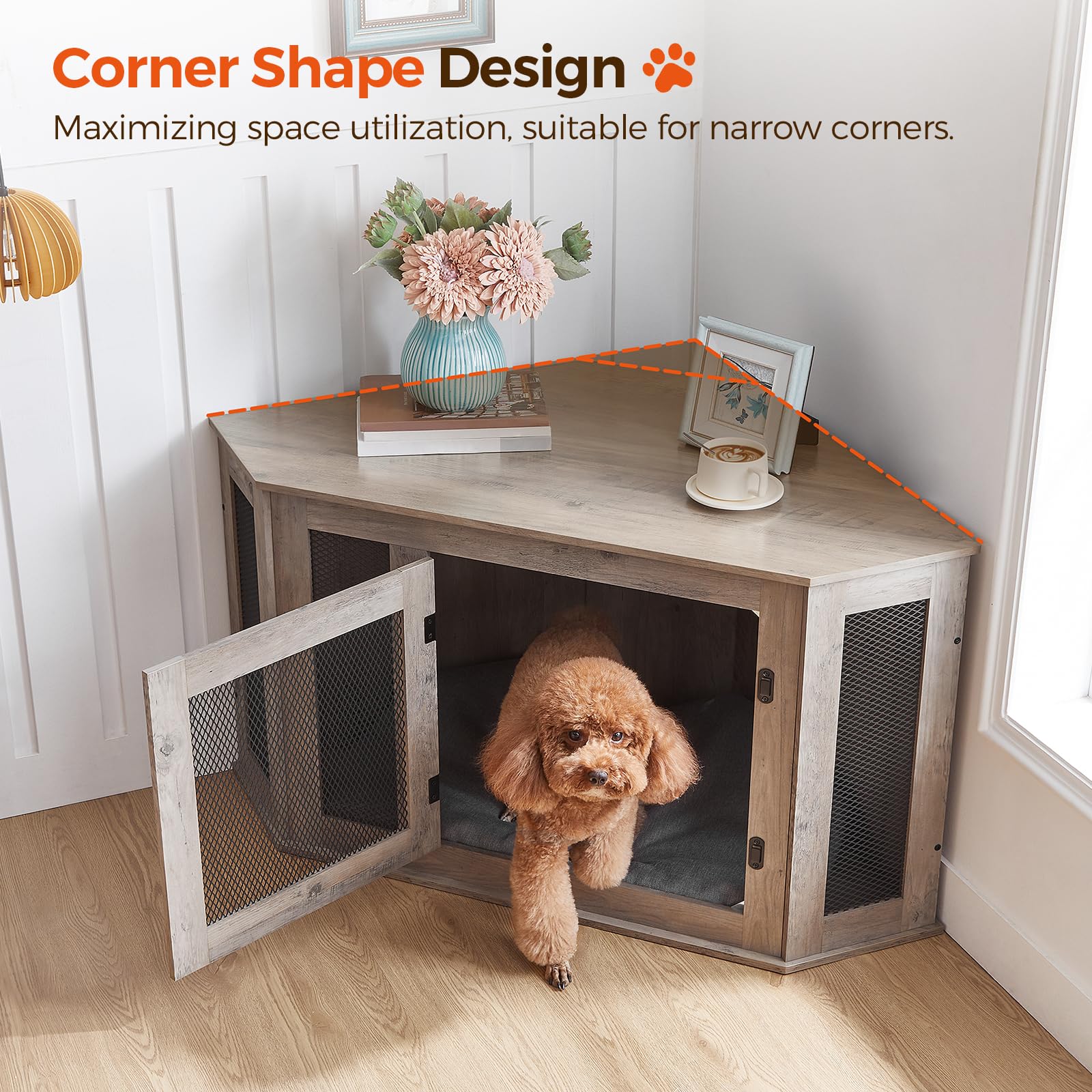 MAHANCRIS Corner Dog Crate dimensions 44.5L x 23.6W x 23.6H suitable for small to medium dogs.