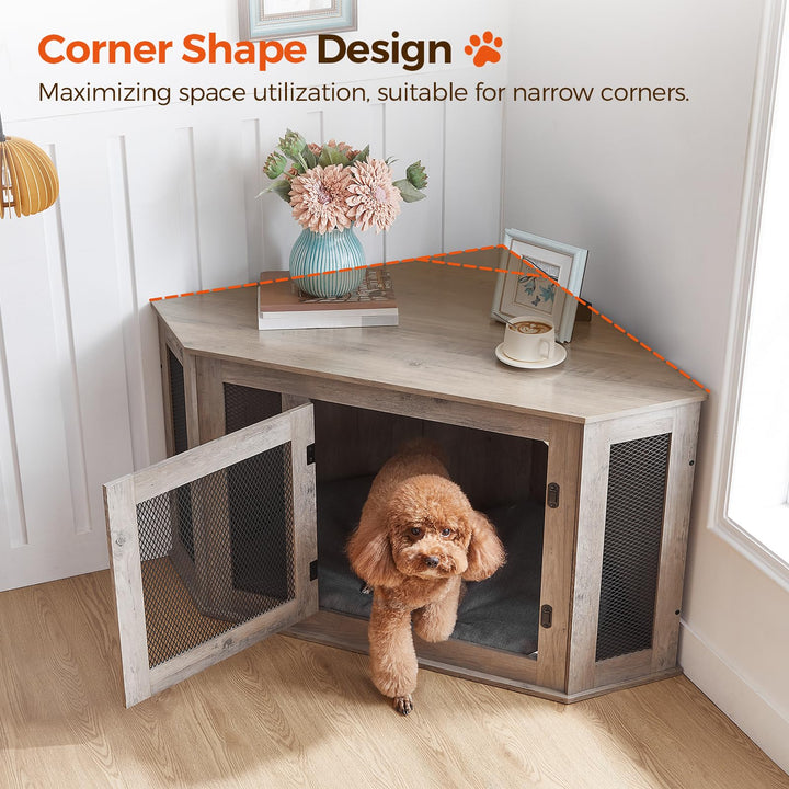 MAHANCRIS Corner Dog Crate dimensions 44.5L x 23.6W x 23.6H suitable for small to medium dogs.