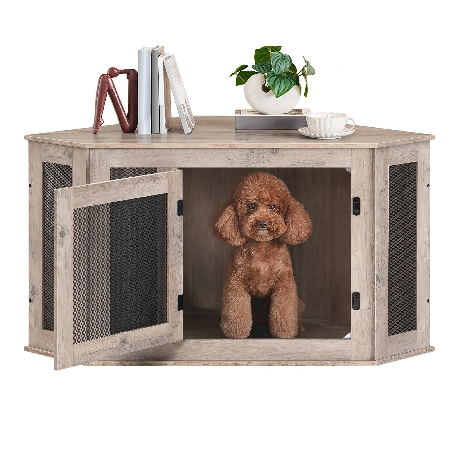 MAHANCRIS Corner Dog Crate finishes in greige and black.