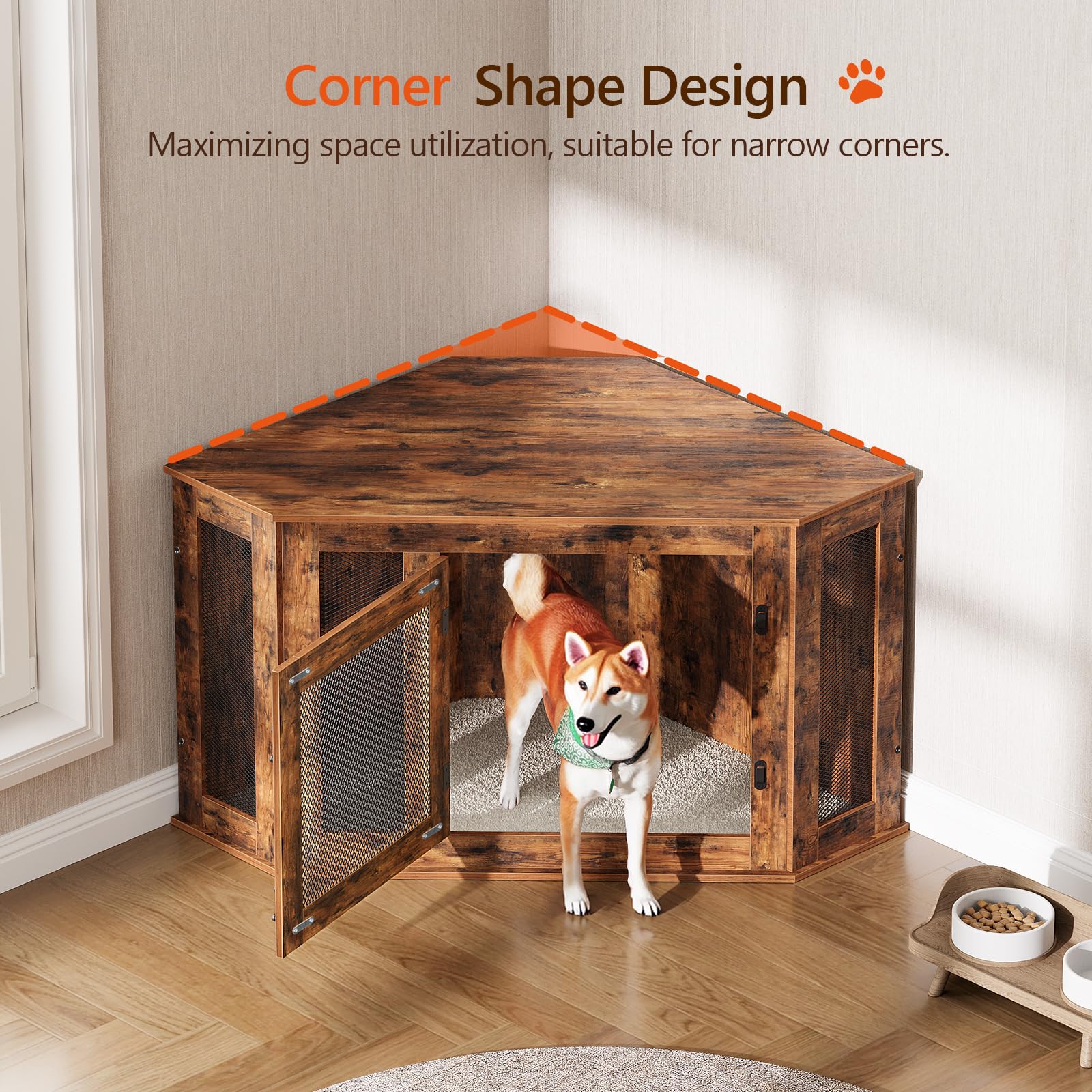 MAHANCRIS corner dog crate wall-fit design maximizes space and room flow.