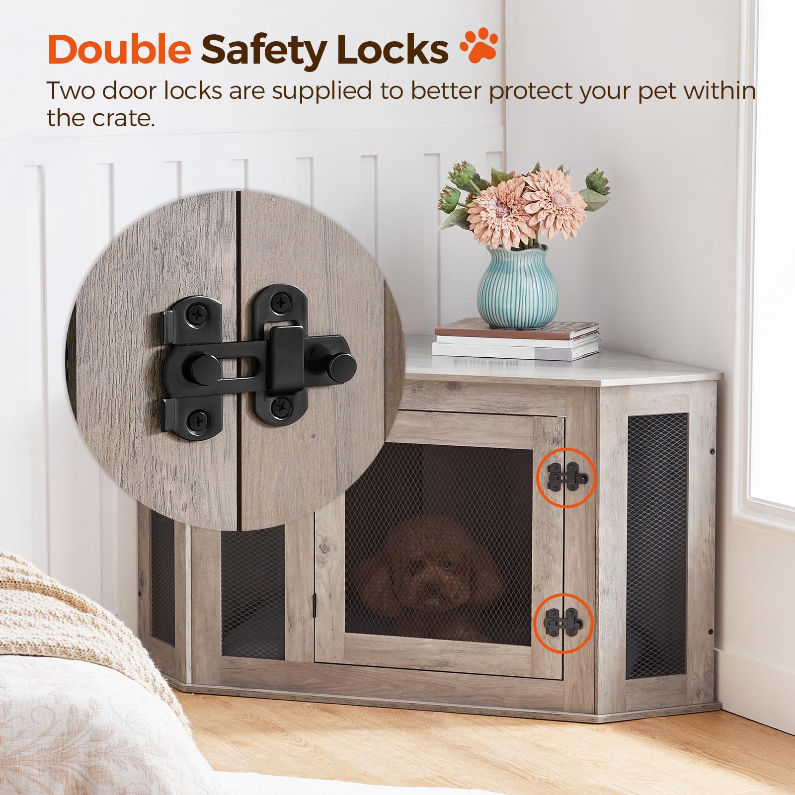 MAHANCRIS Corner Dog Crate built with wood and metal for durability.
