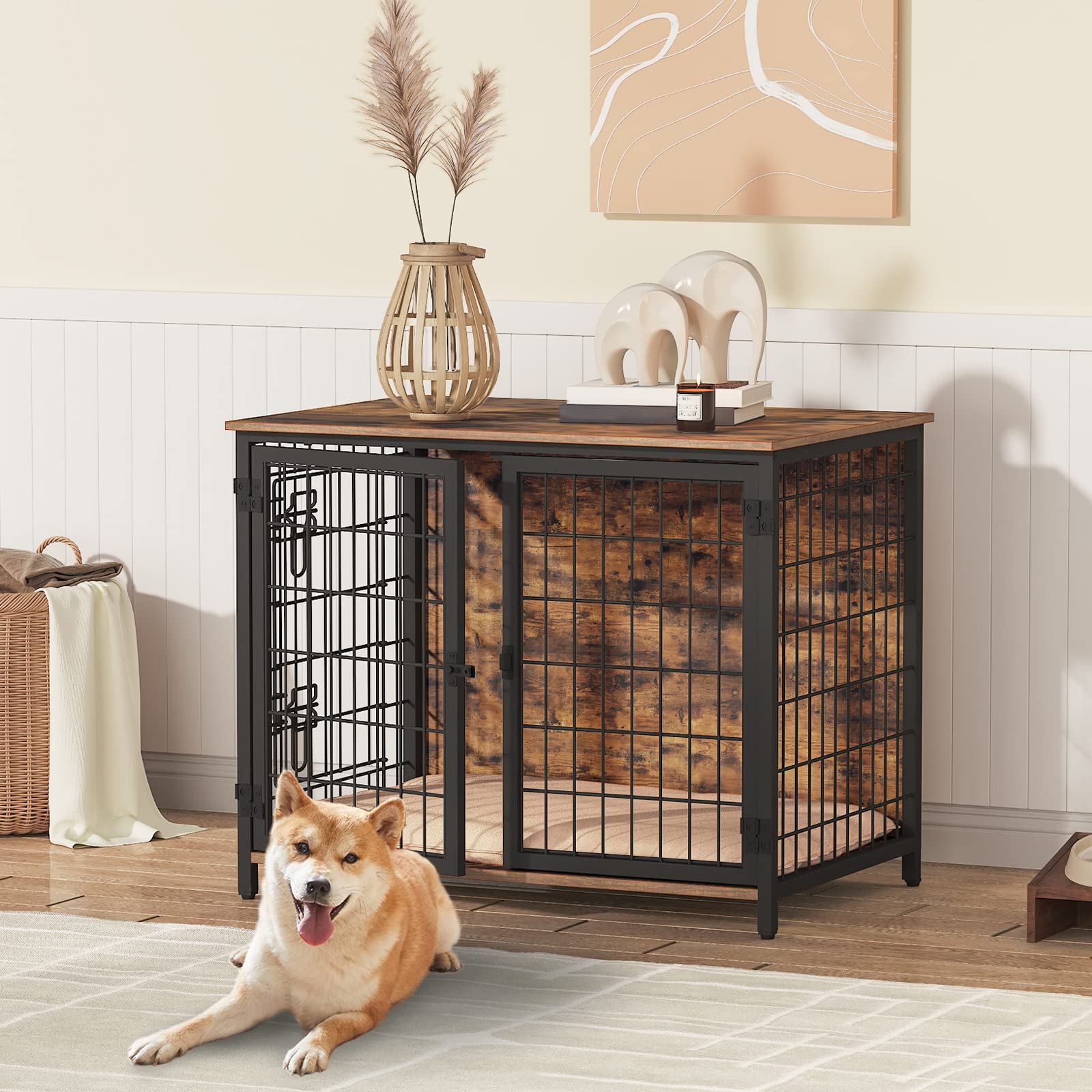 MAHANCRIS dog crate end table front view shows a sturdy rustic design for living room harmony.
