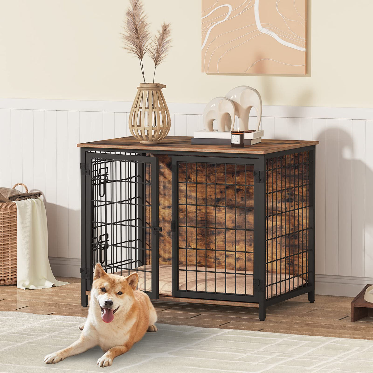 MAHANCRIS dog crate end table front view shows a sturdy rustic design for living room harmony.