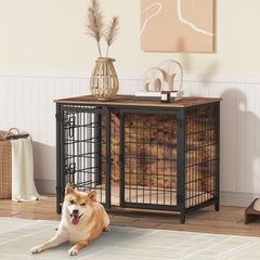 MAHANCRIS dog crate end table front view shows a sturdy rustic design for living room harmony.