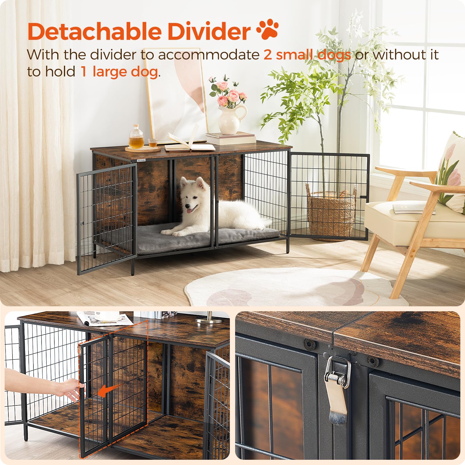 MAHANCRIS dog crate furniture interior space offers roomy shelter for two small dogs.