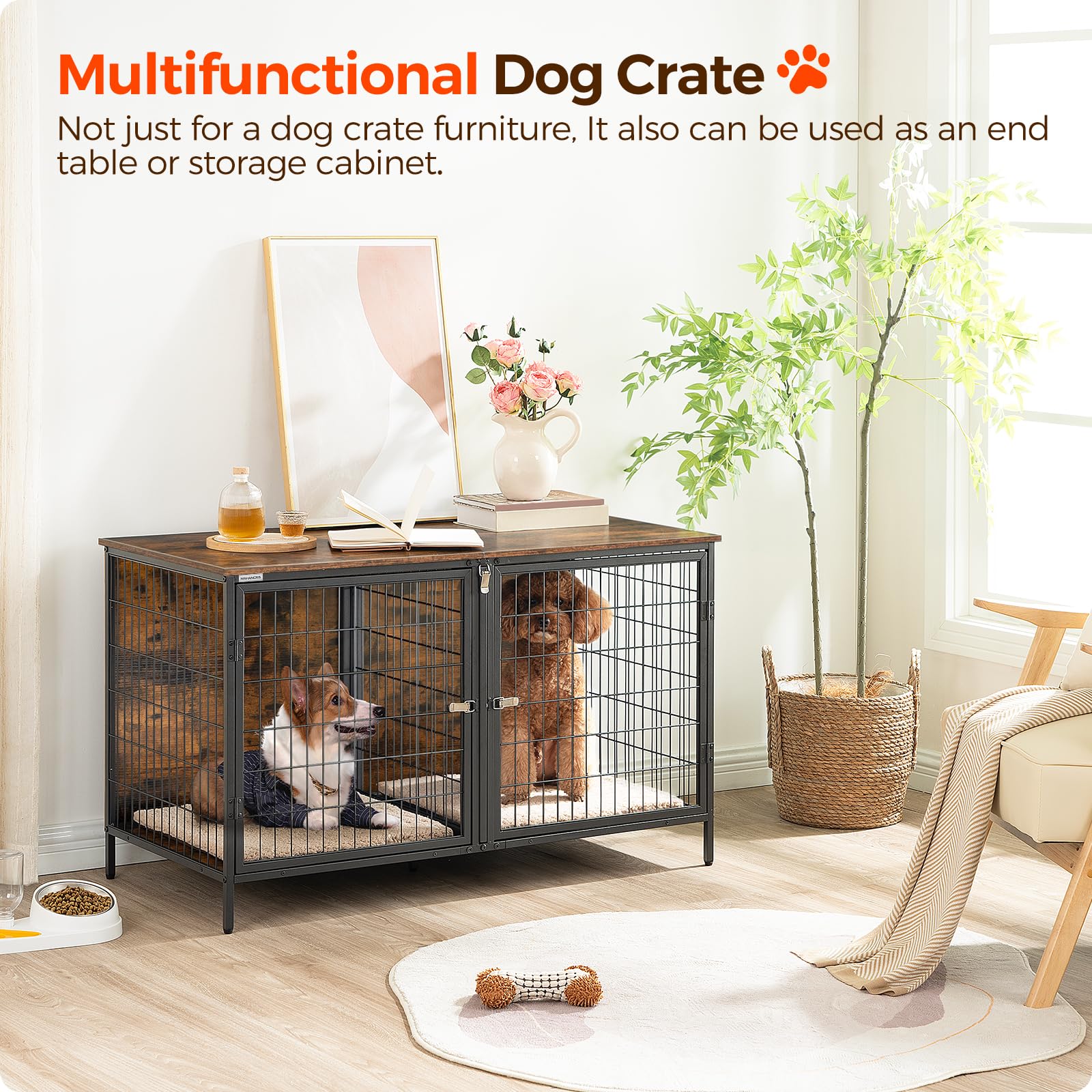 MAHANCRIS dog crate furniture side view shows divider option for flexible space.