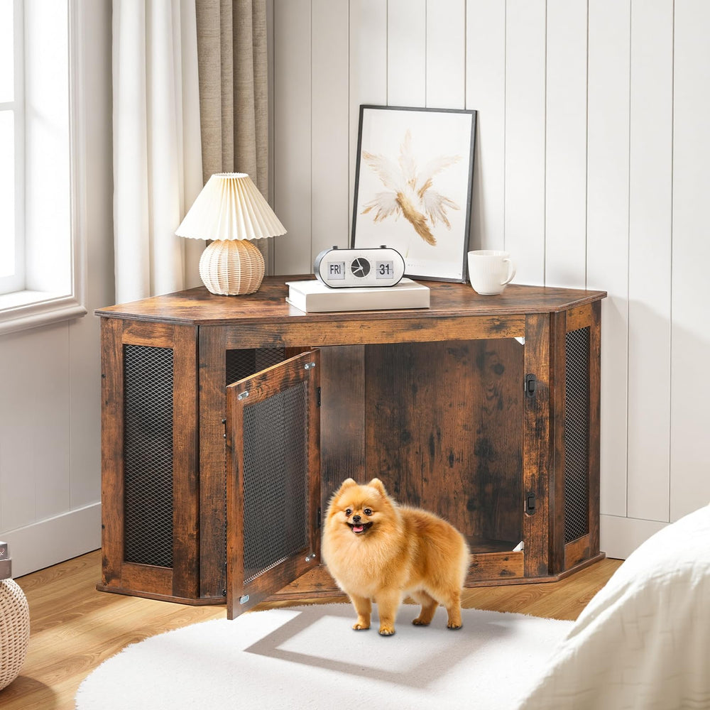 MAHANCRIS wooden dog house blends with furniture for living room aesthetics.