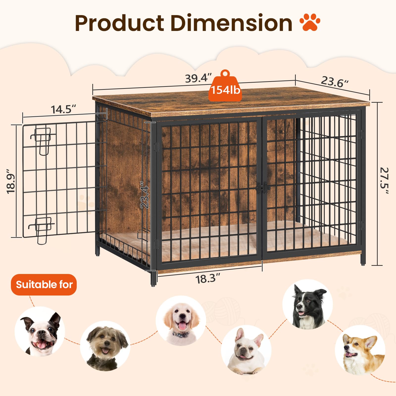 MAHANCRIS end-table dog crate top surface supports up to 154 lb for decor and storage.