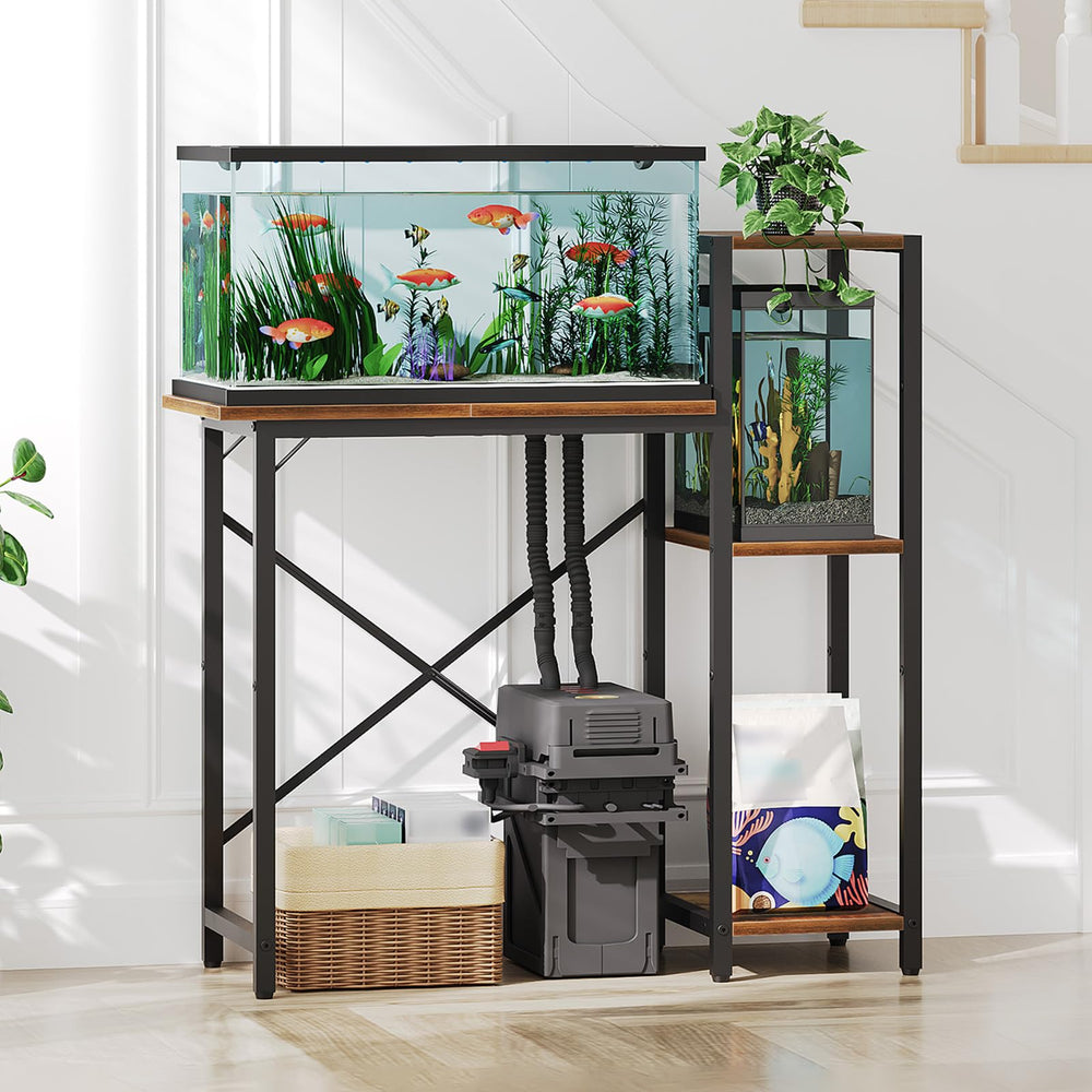 MAHANCRIS fish tank stand front view with 3-tier storage for organized supplies.