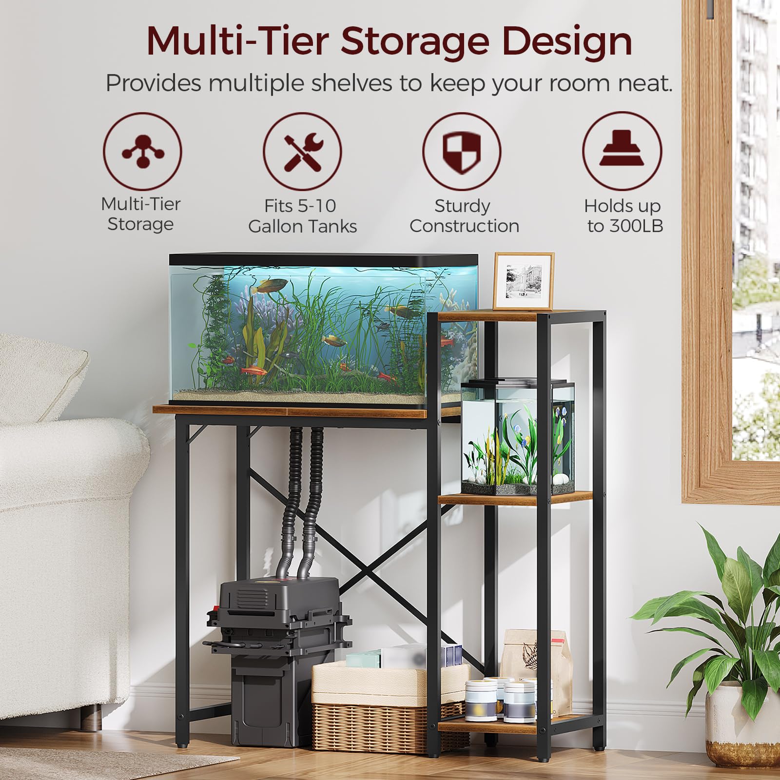 MAHANCRIS stand side shelves for easy access to tools and decor.