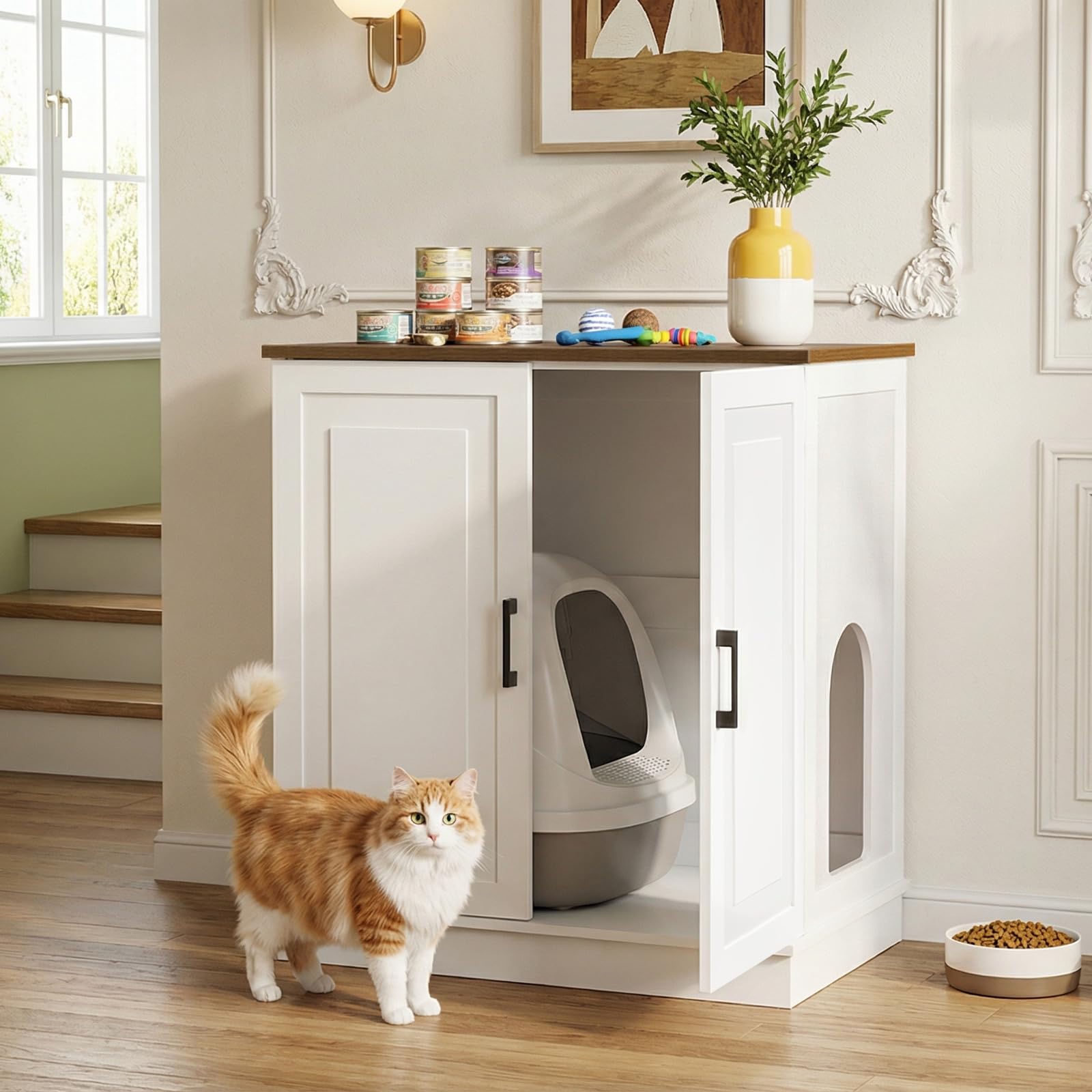 MAHANCRIS hidden litter box cabinet provides a quiet, odor-conscious hiding place that doubles as furniture