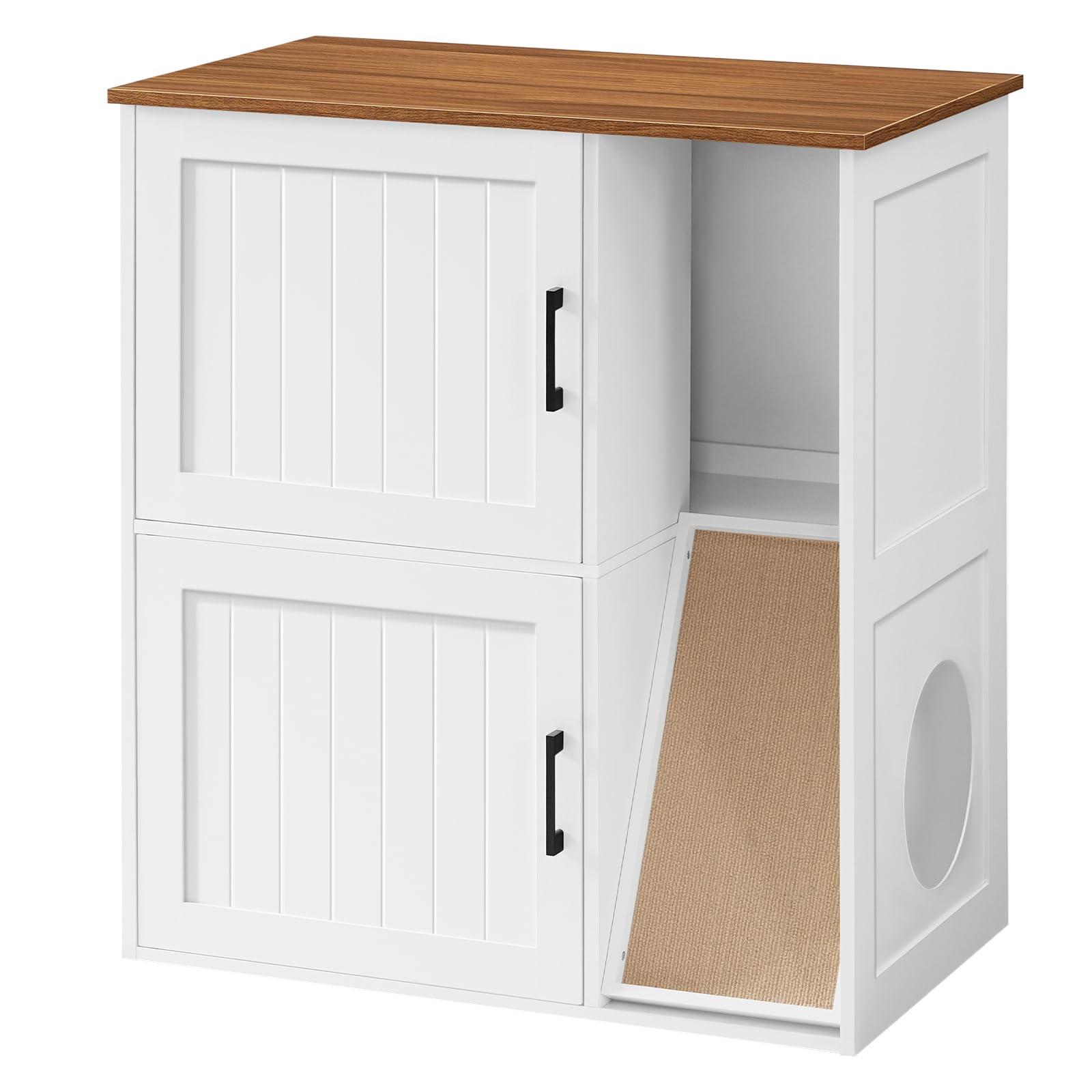 MAHANCRIS litter box enclosure in white and walnut finish hides litter while blending with decor