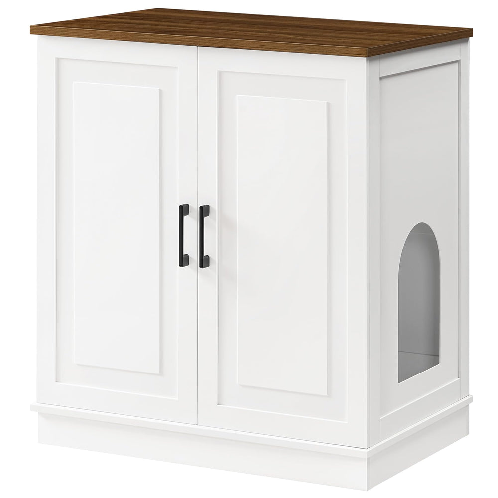 MAHANCRIS large litter box enclosure seen as white cabinet with walnut top, blending with decor and adding surface space