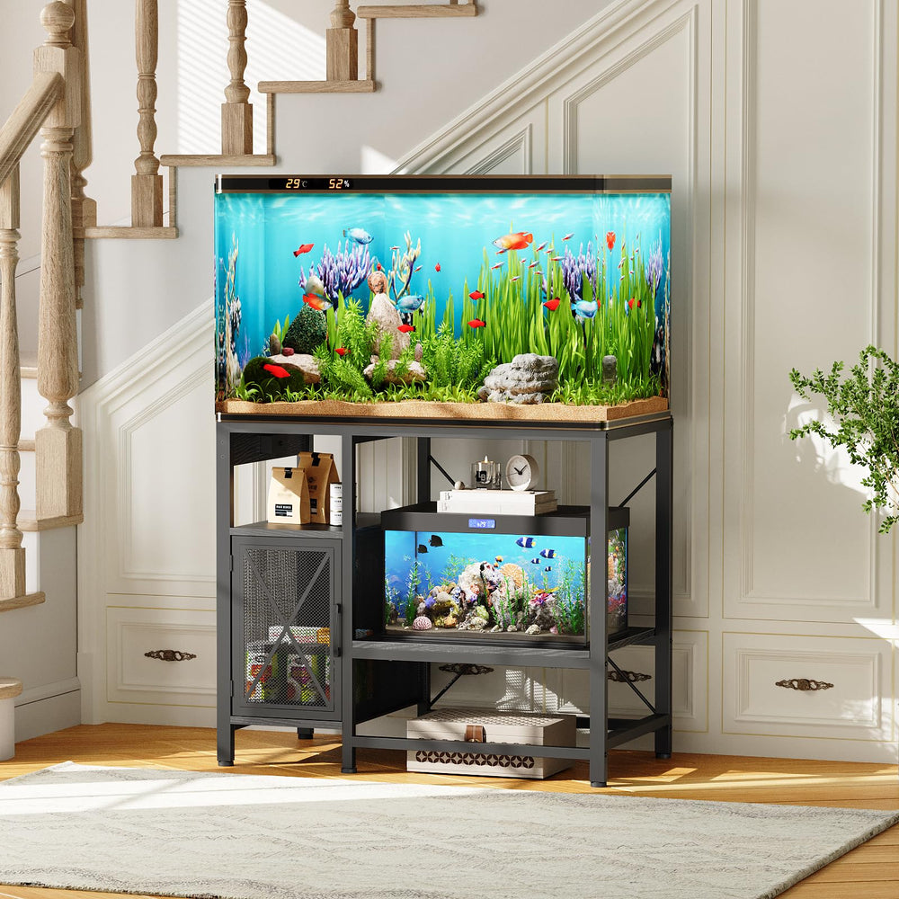 MAHANCRIS stand side view with storage cabinet keeps essentials organized.