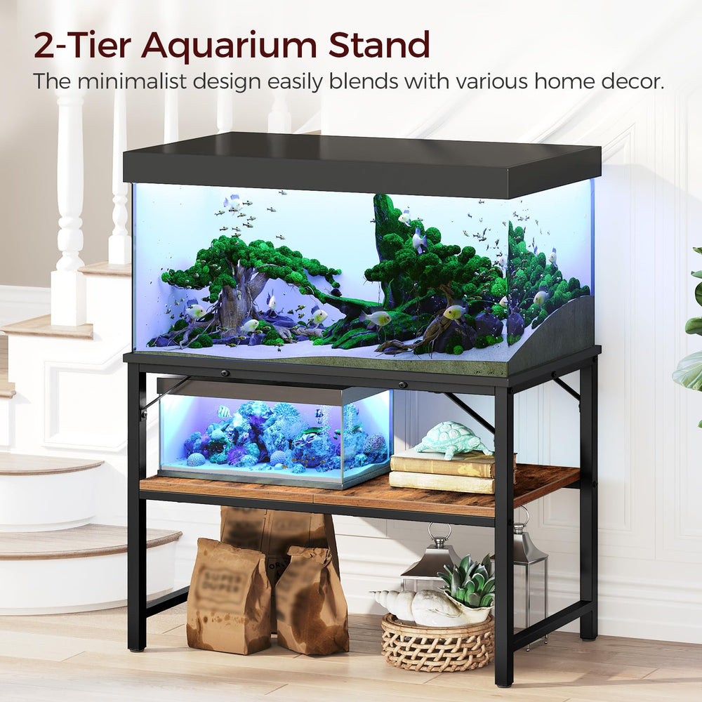 MAHANCRIS two-tier stand provides organized storage for aquarium tools.